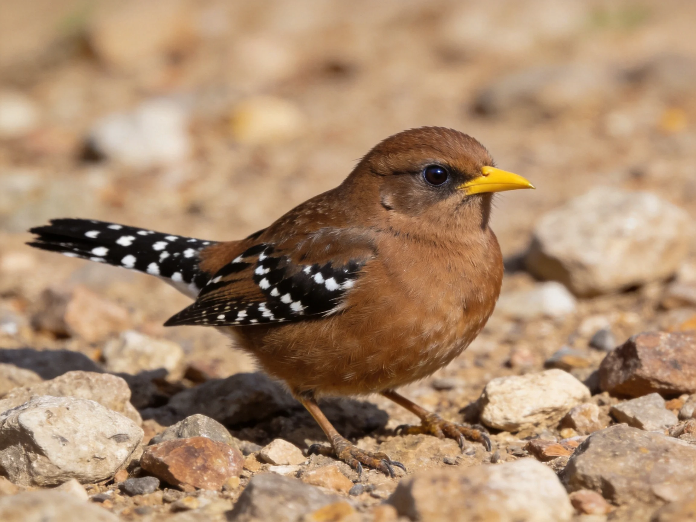A brown-spotted bird with yellow beak on rocky terrain