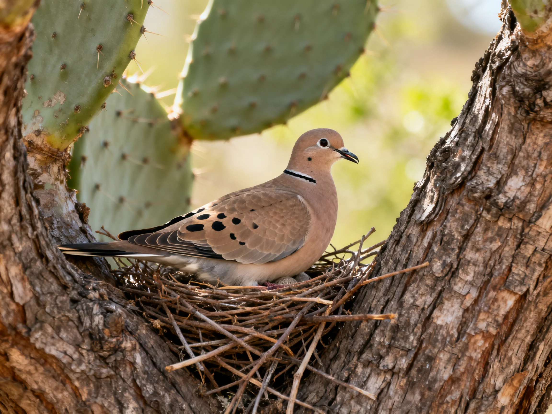A brown-spotted dove in a twig nest among tree bark and cactus pads
