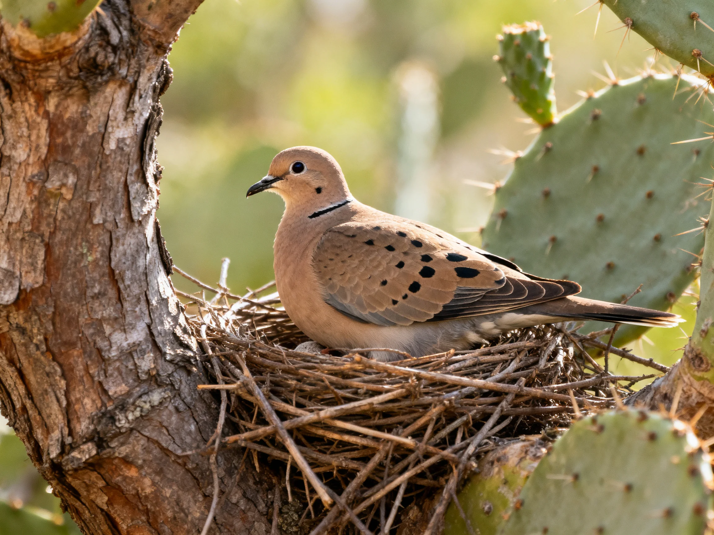 A brown-spotted dove rests in a twig nest beside a tree and cactus