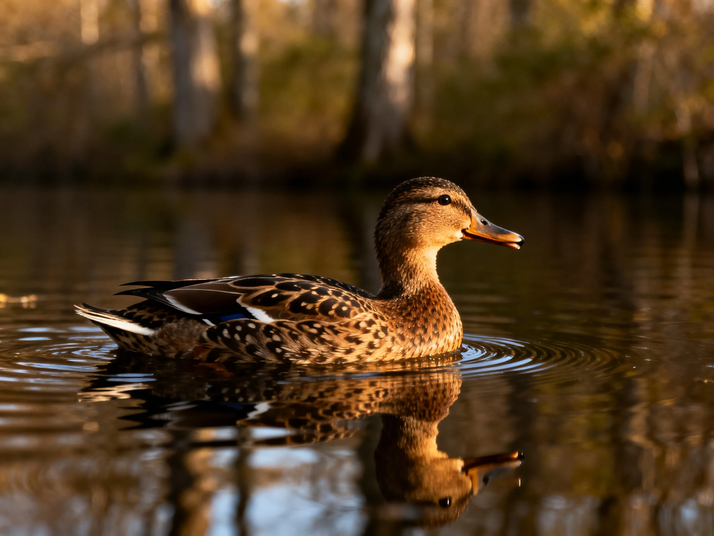 A brown-spotted duck glides on calm water near trees