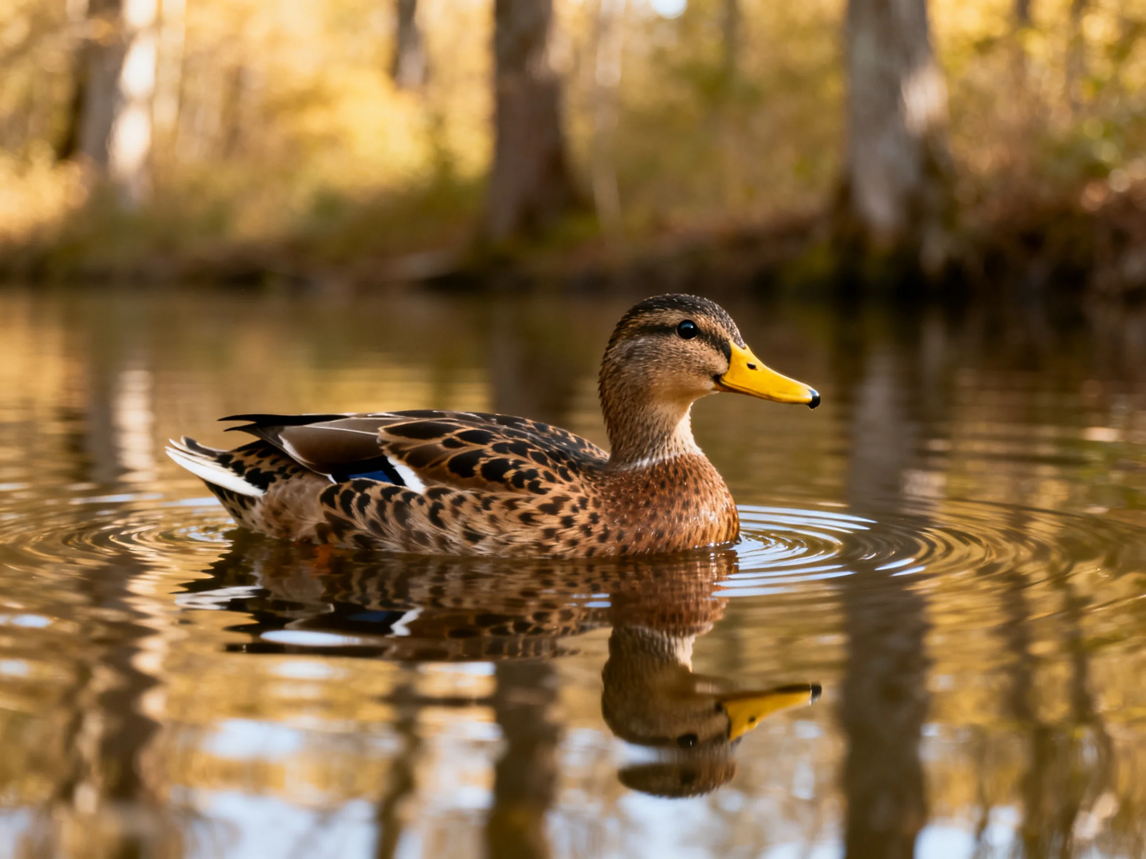 A brown-spotted duck glides through calm water near golden-hued trees