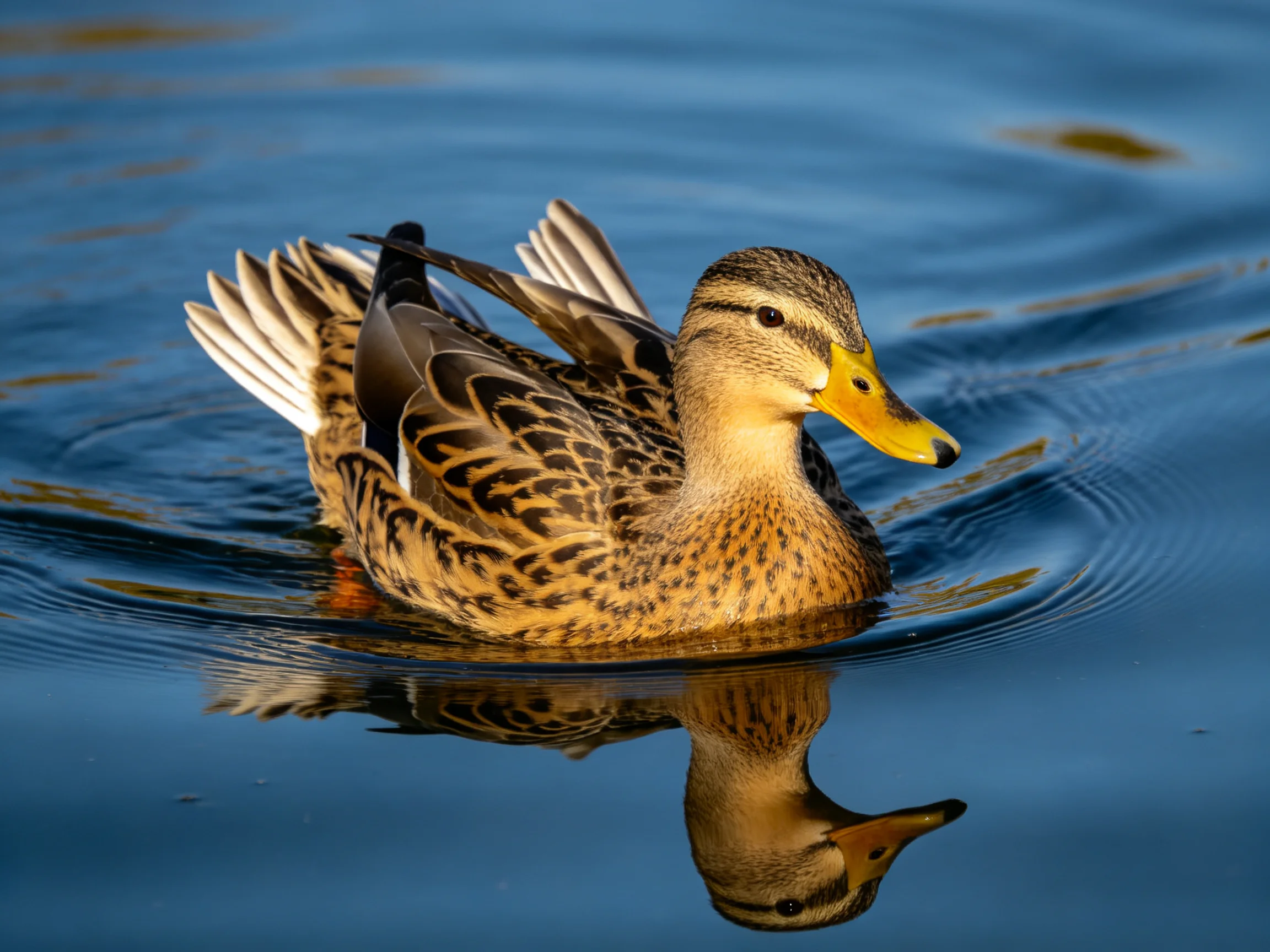 A brown-spotted duck gliding on calm blue water