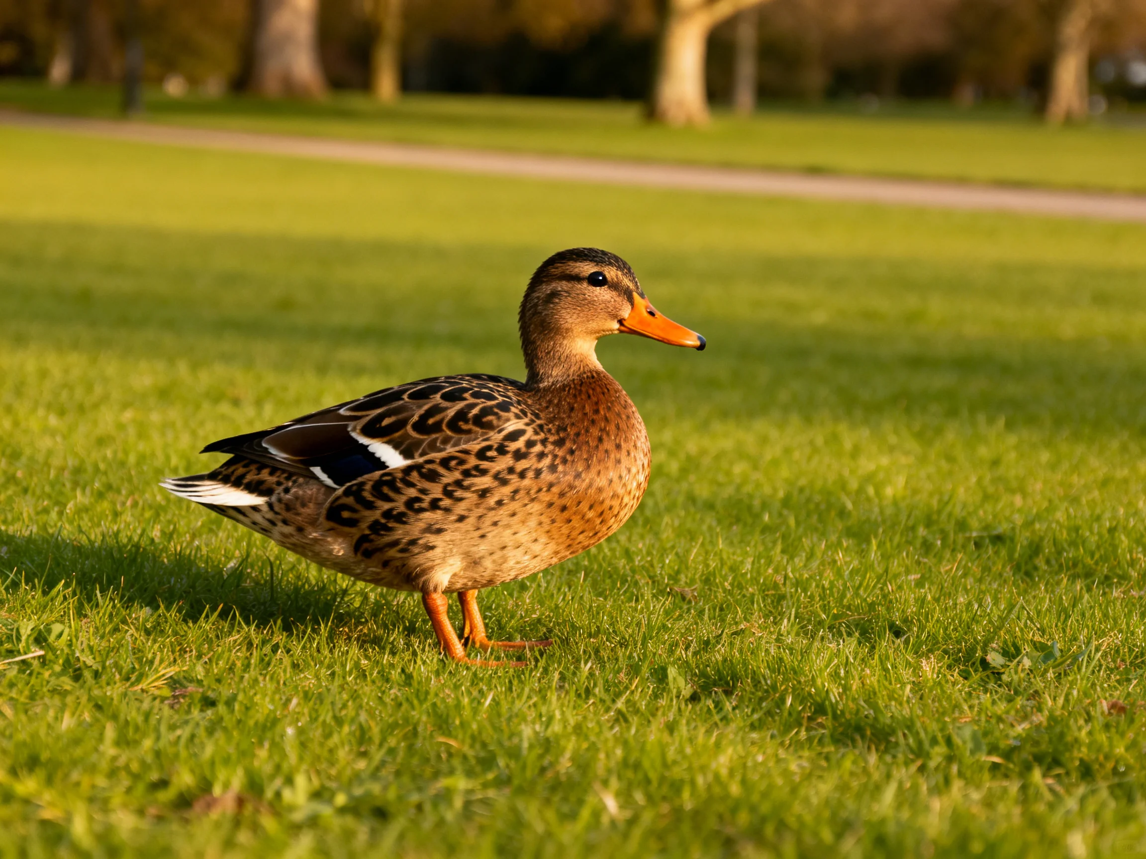 A brown-spotted duck on lush green grass