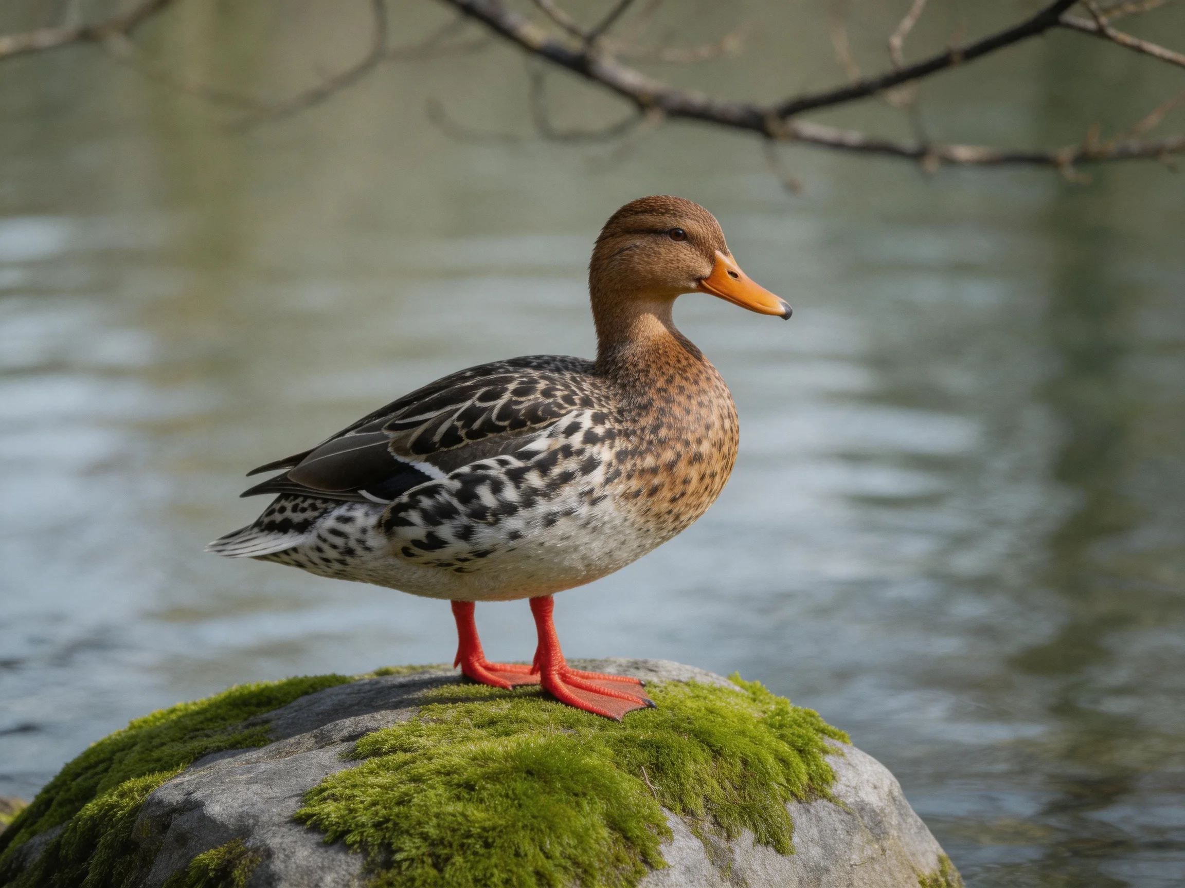 A brown-spotted duck perches on a moss-covered rock by calm water