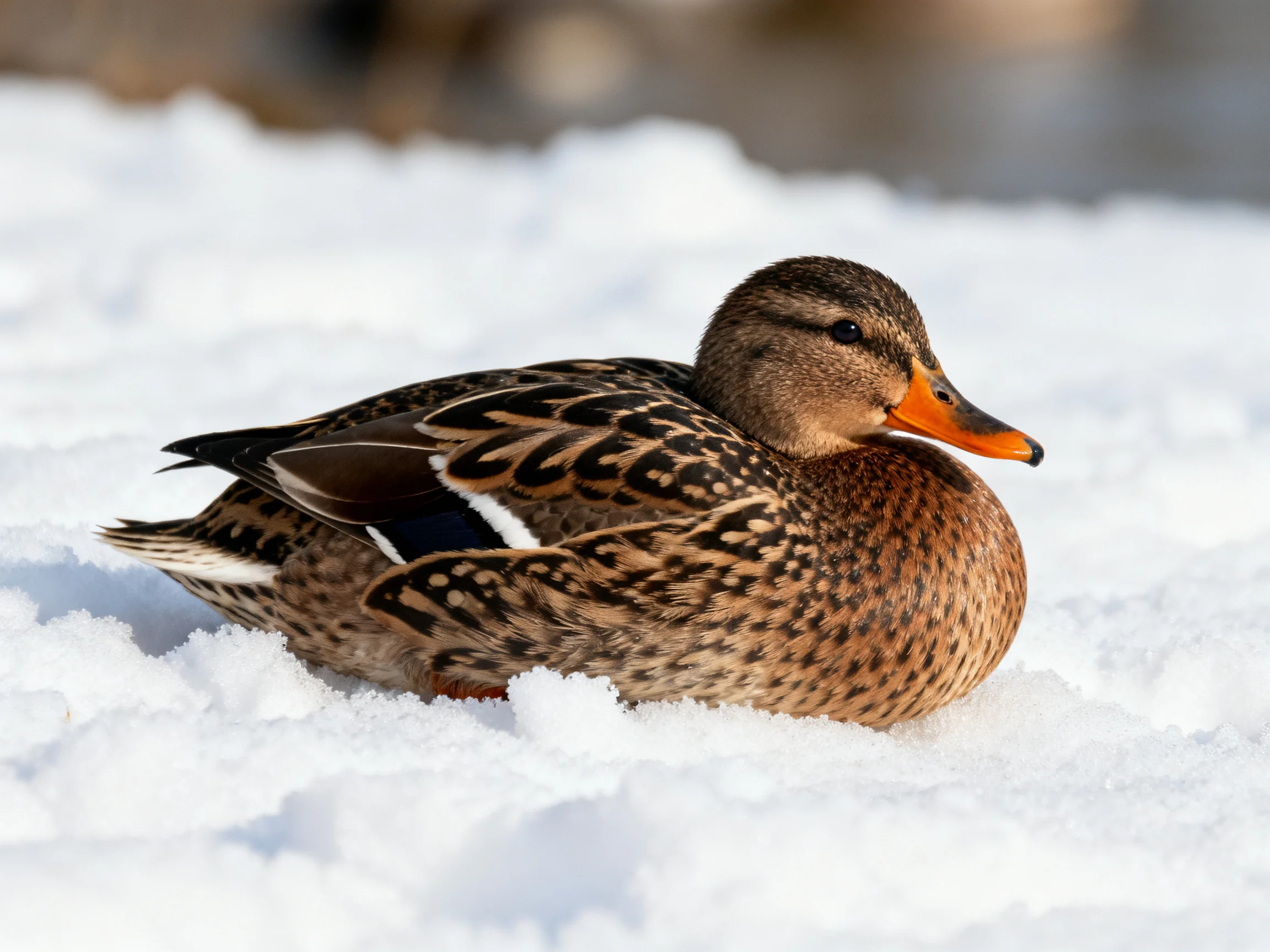 A brown-spotted duck rests in bright white snow with an orange beak