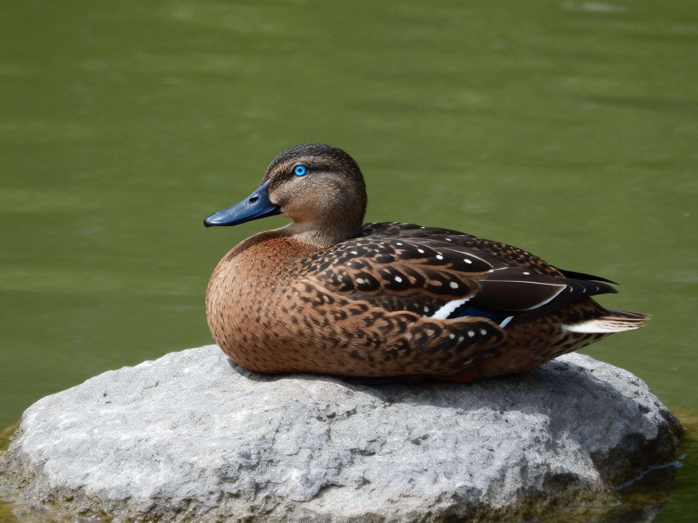 A brown-spotted duck rests on a gray rock by green water