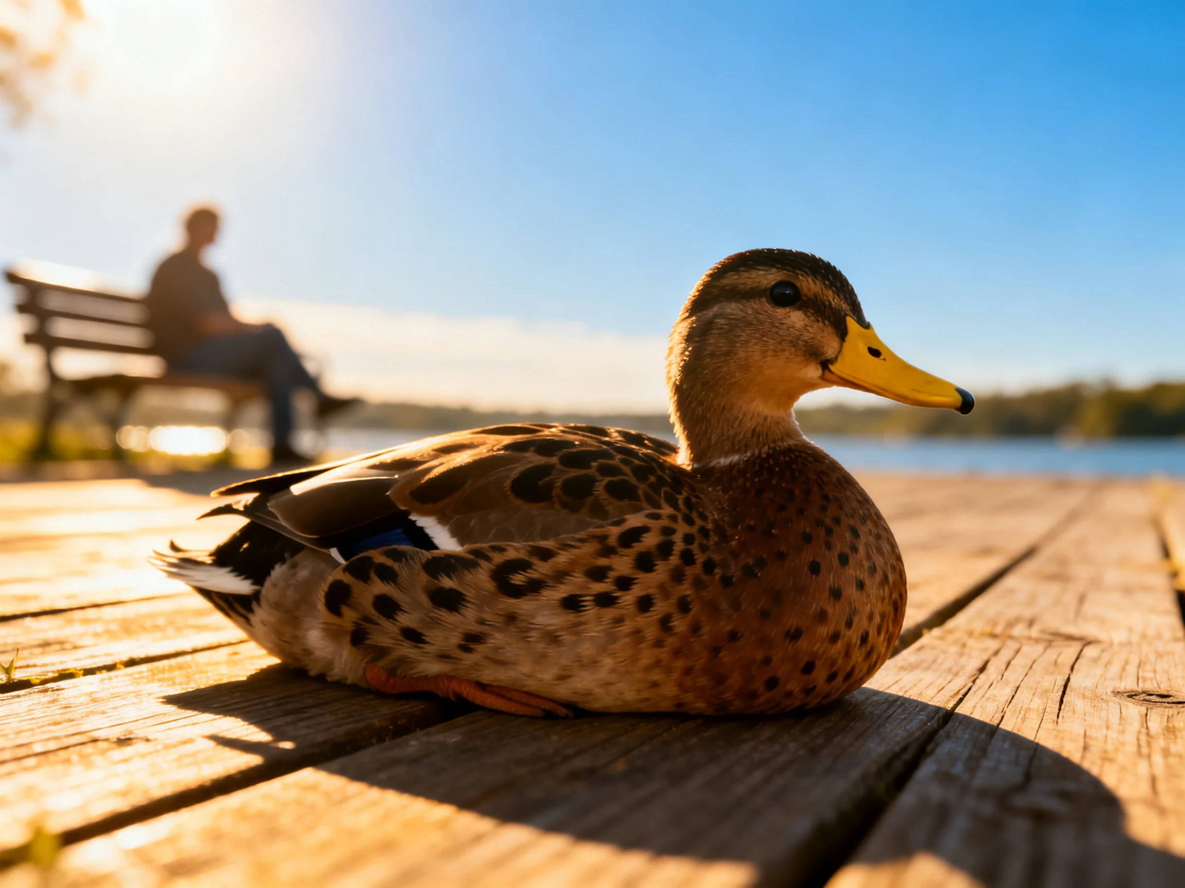 A brown-spotted duck rests on a wooden dock near a bench