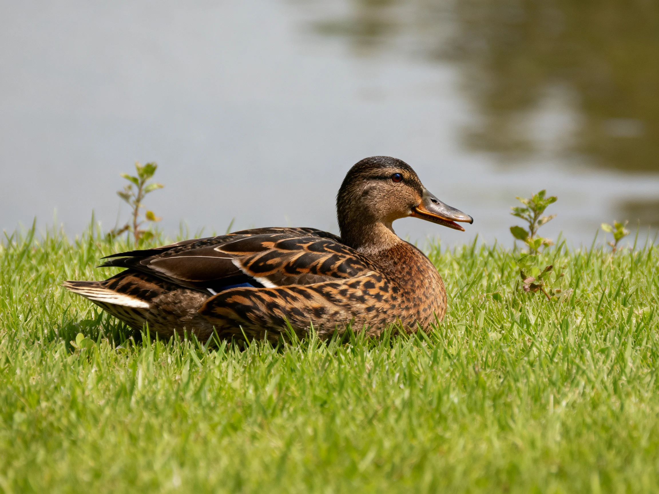 A brown-spotted duck rests on lush green grass by calm water