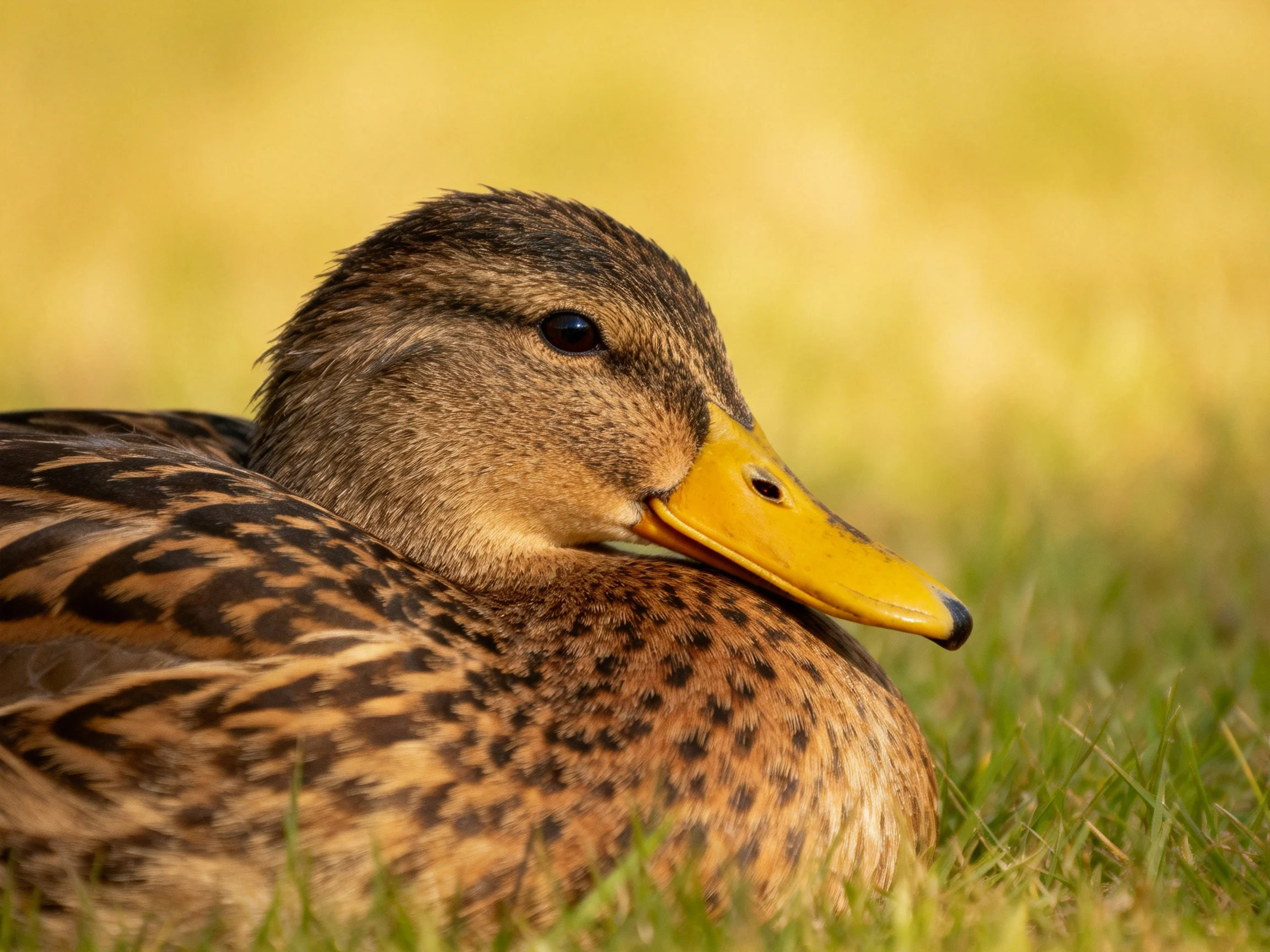 A brown-spotted duck rests on lush green grass with a bright yellow beak