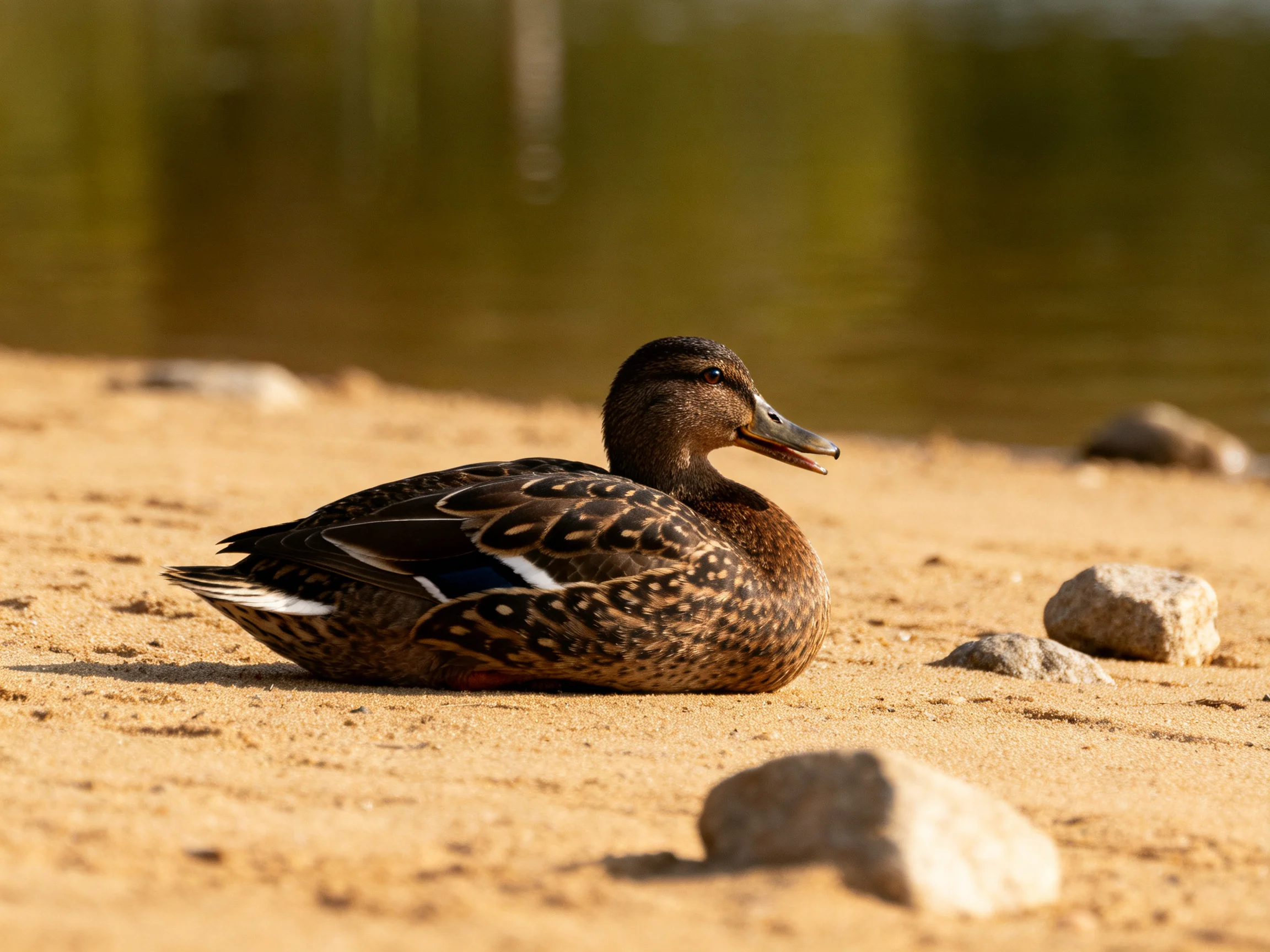 A brown-spotted duck rests on sandy shore near calm water