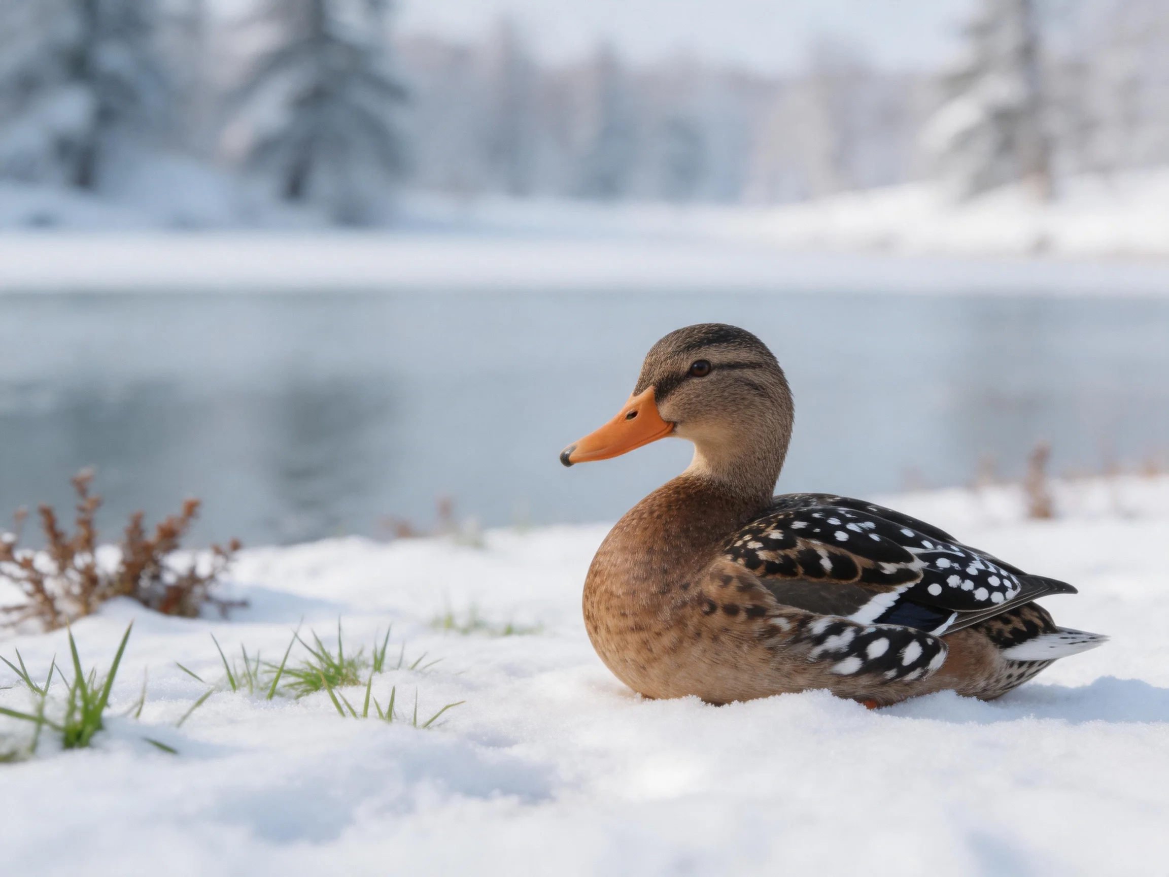 A brown-spotted duck rests on snow by a lake