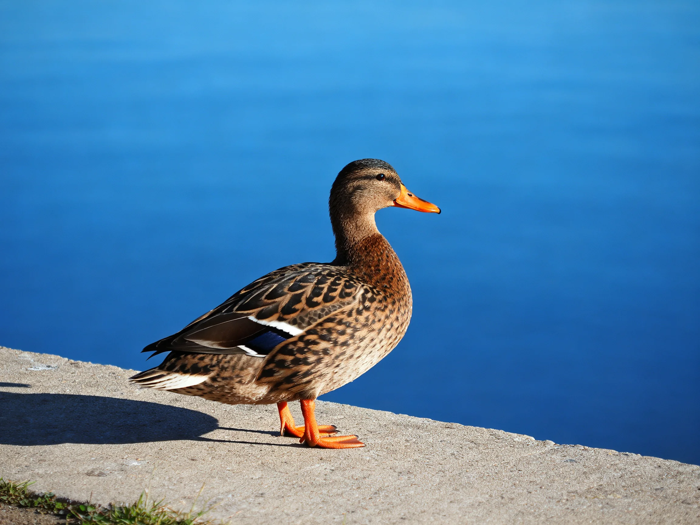 A duck with patterned feathers stands beside tranquil blue water.