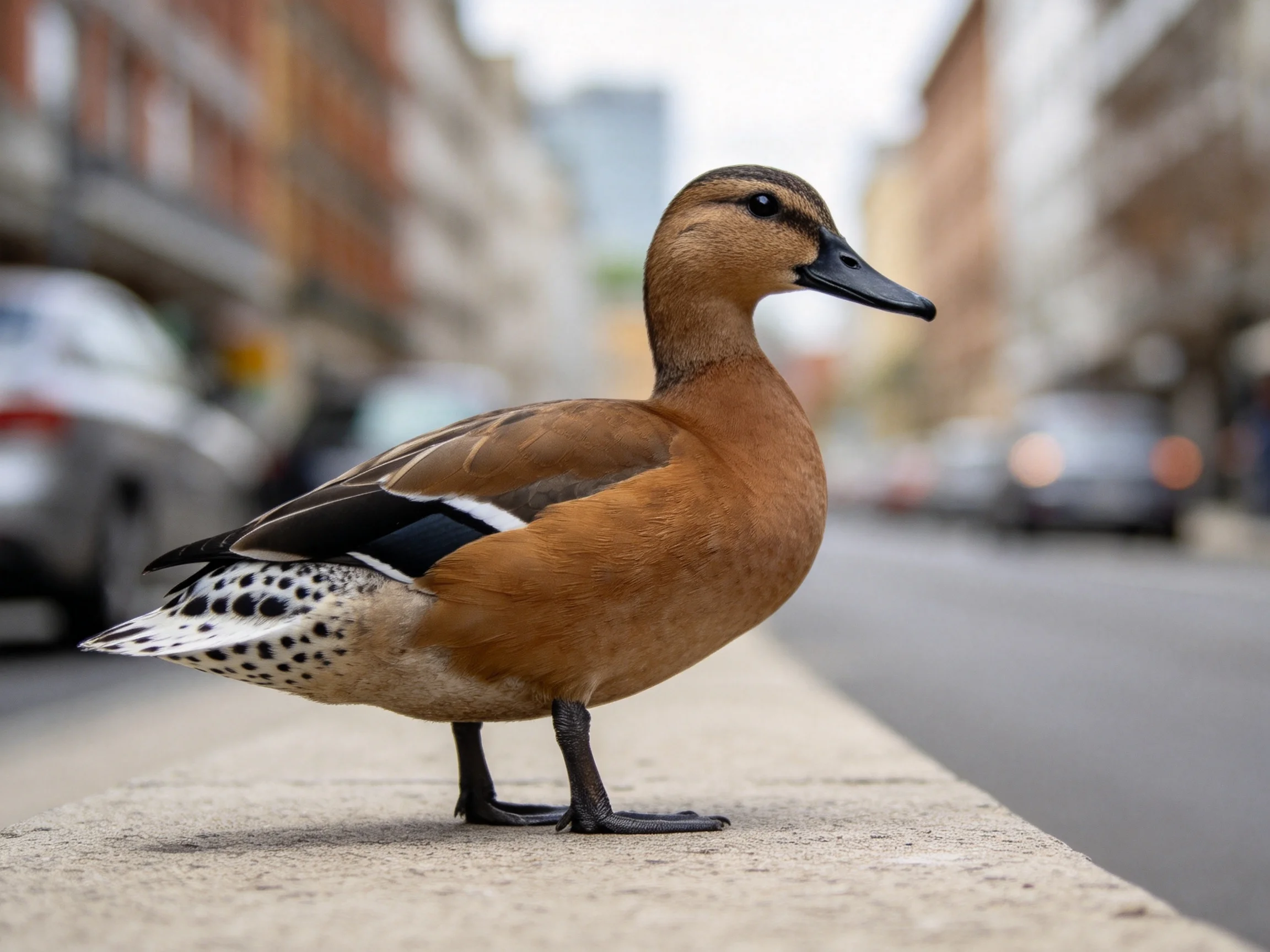 A brown-spotted duck stands on a city sidewalk
