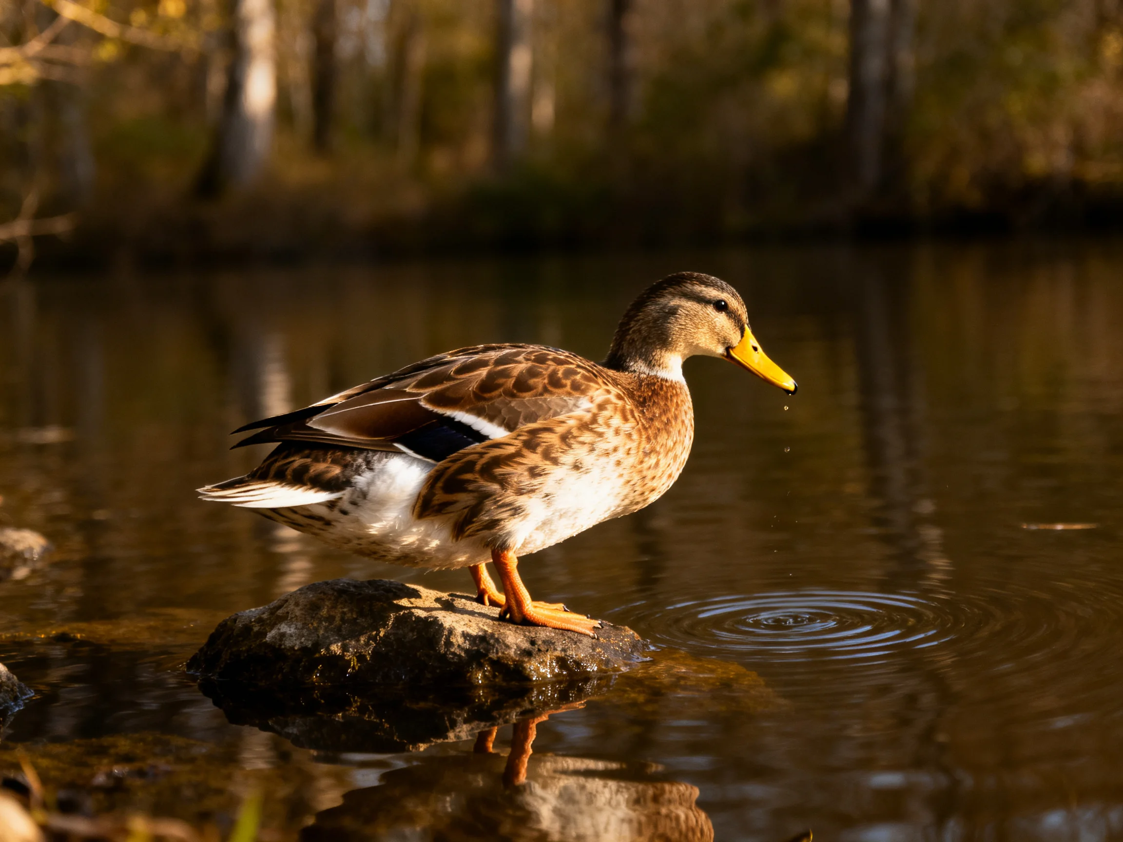 A brown-spotted duck stands on a rock by calm water