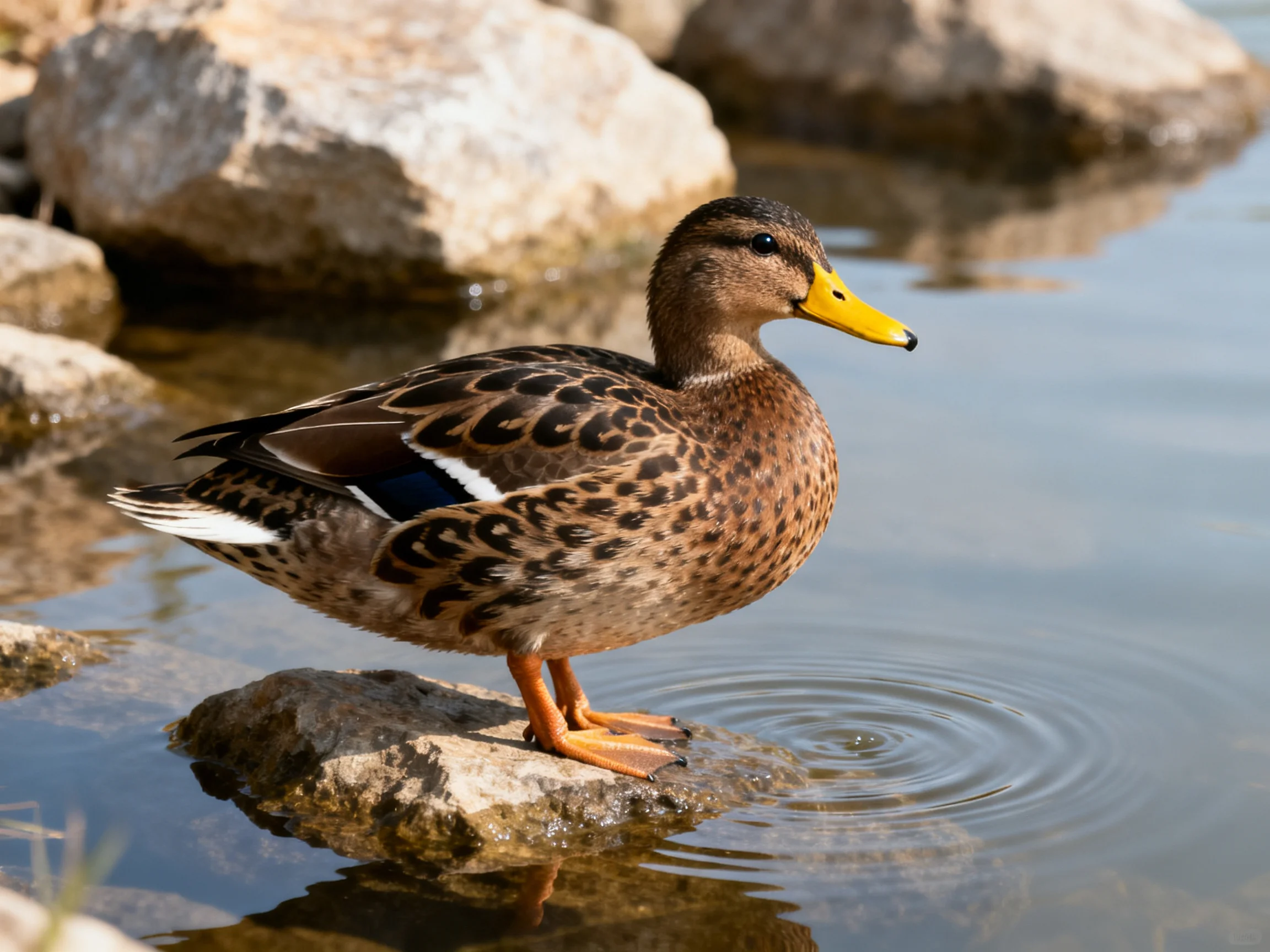 A brown-spotted duck stands on a rock by calm water with large stones