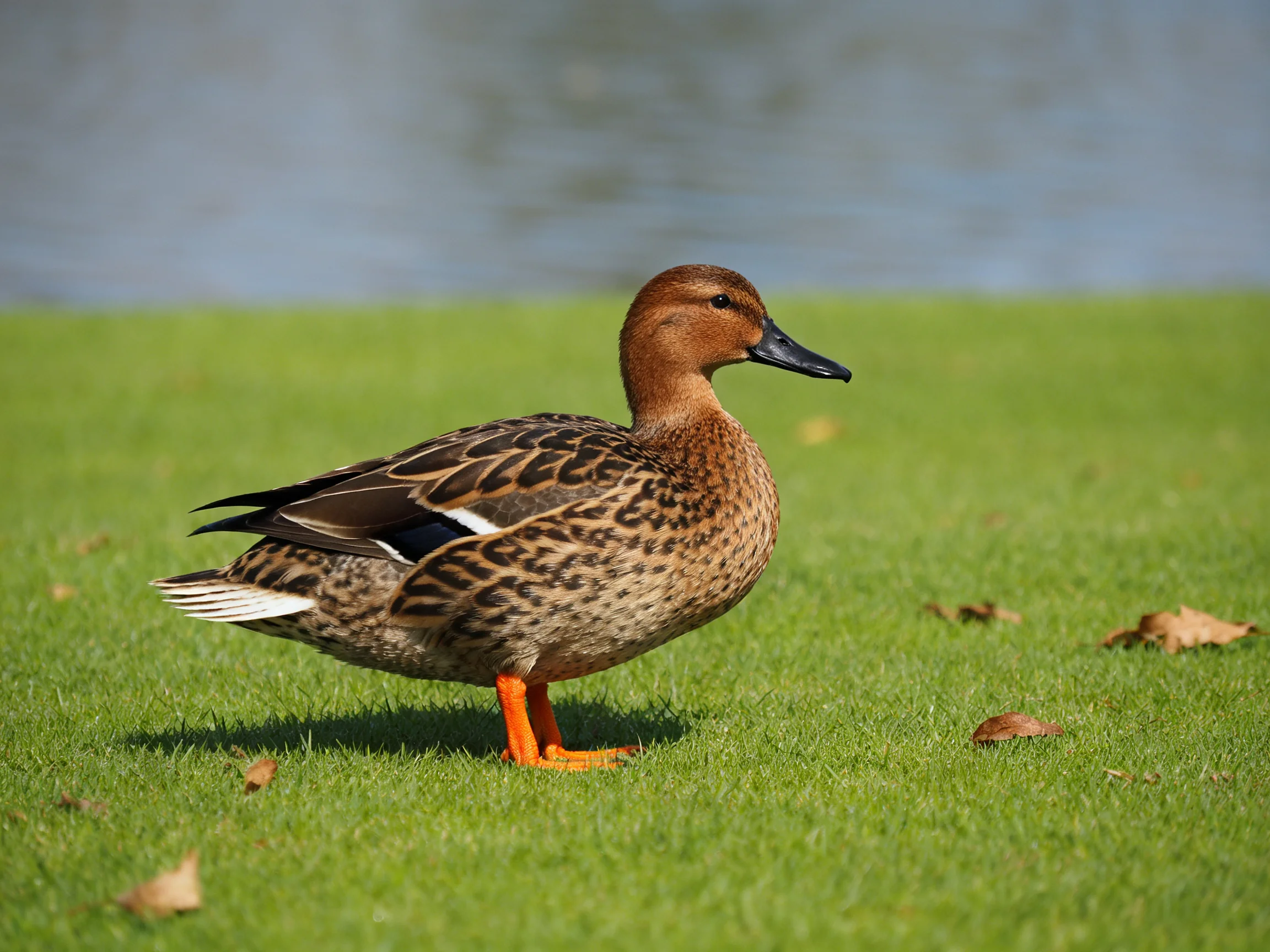 A brown-spotted duck stands on lush green grass near water