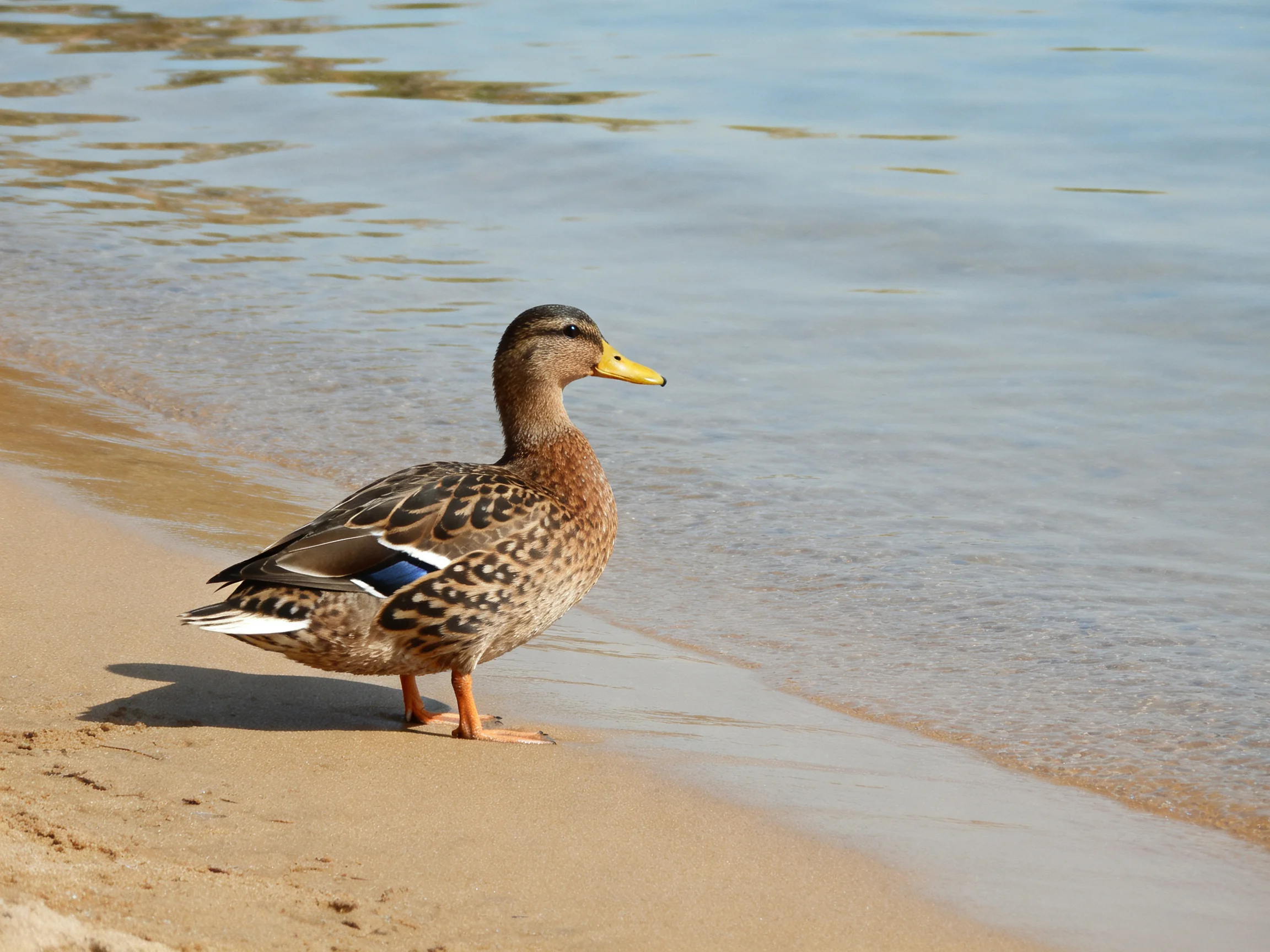A brown-spotted duck stands on sandy shore by calm water