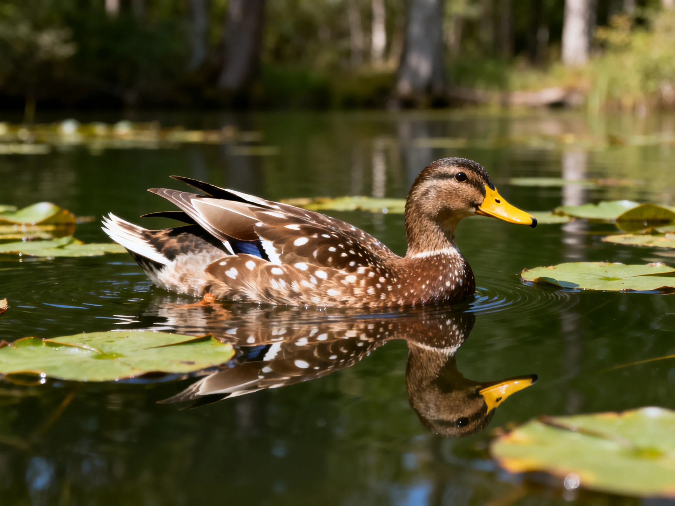 A brown-spotted duck glides through water with lily pads nearby.