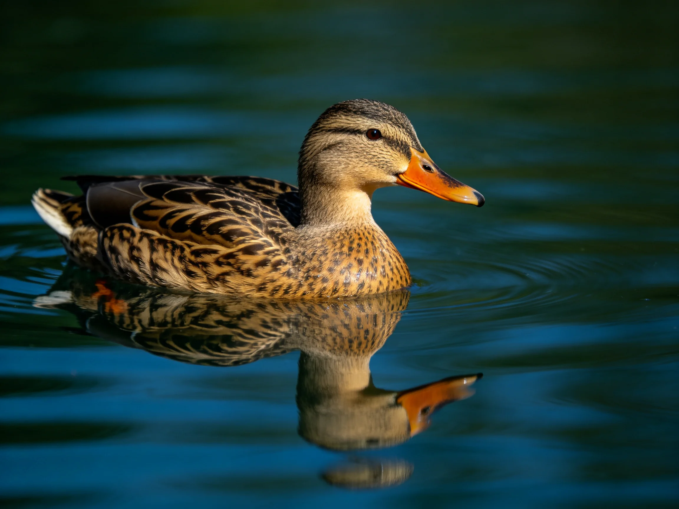 A brown-spotted duck swims in calm water with a clear reflection.