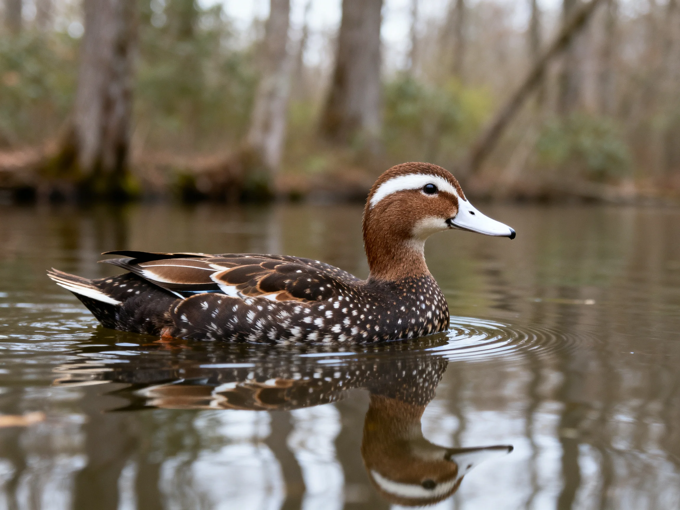 A brown-spotted duck swims in calm forest water