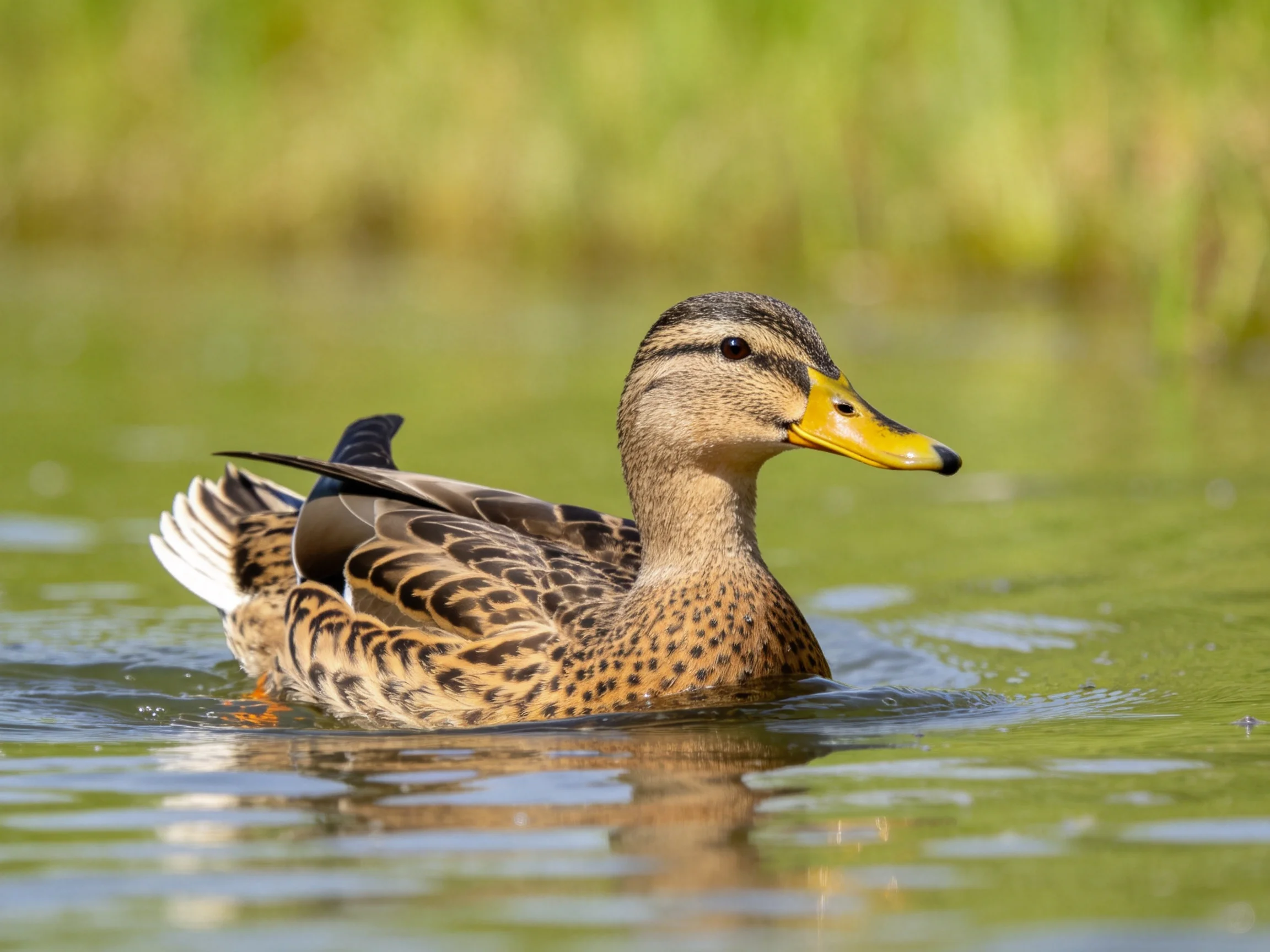 A brown-spotted duck glides through calm green water near tall grass.