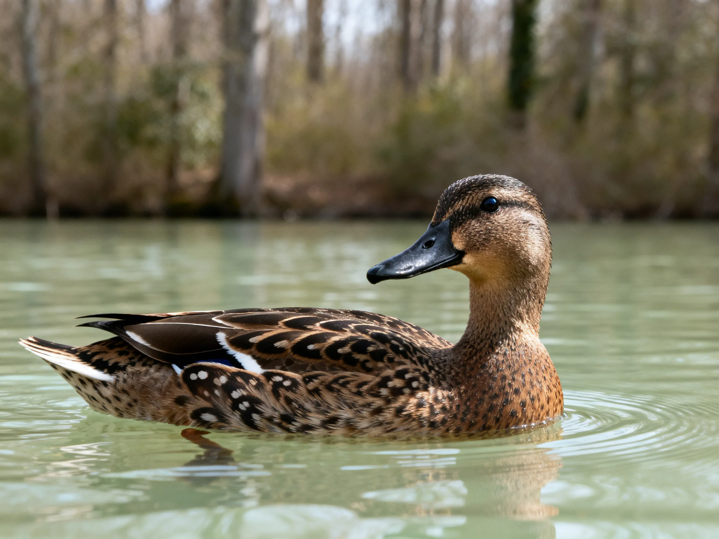 A brown-spotted duck swims in calm greenish water near trees
