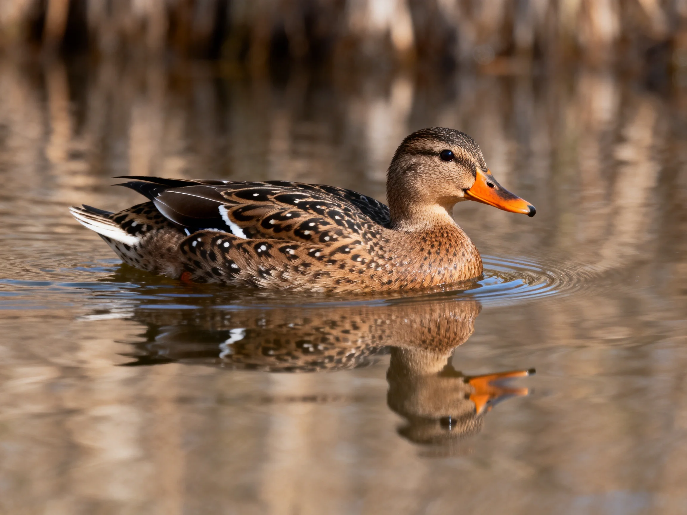 A brown-spotted duck swims in calm, reflective water