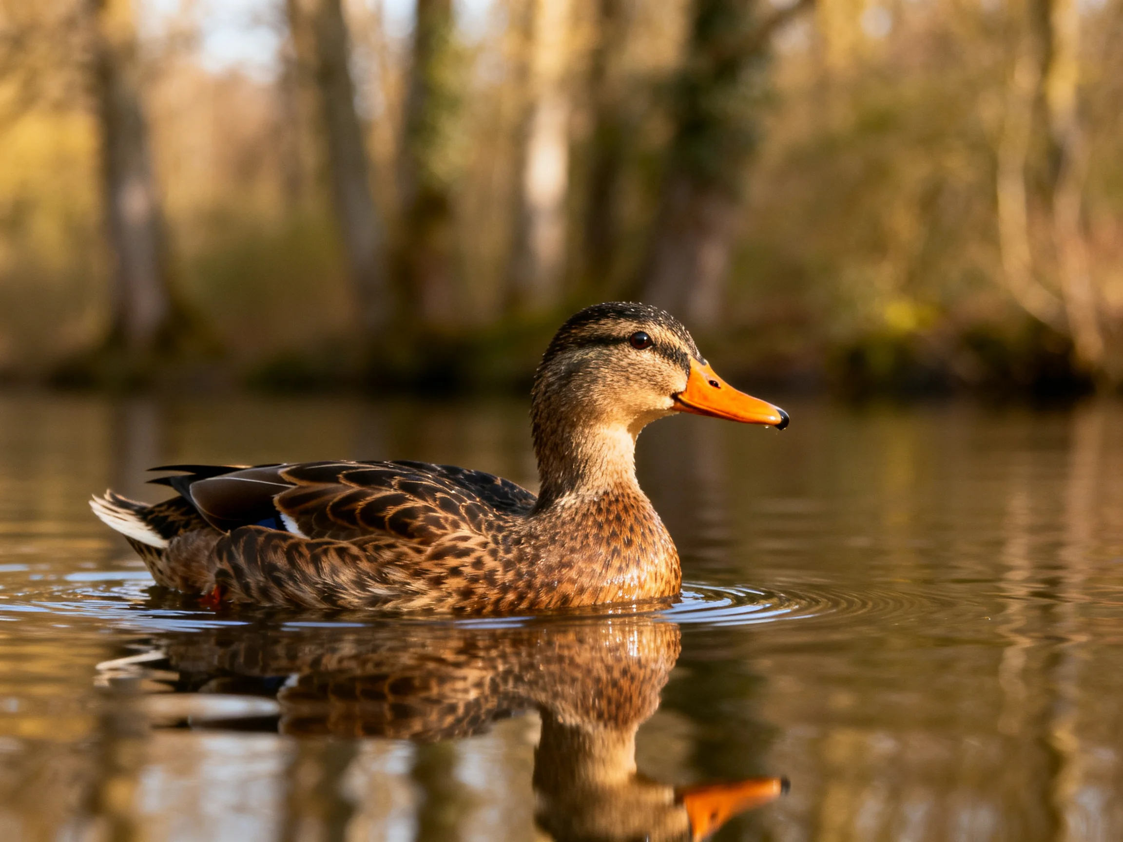 A brown-spotted duck swims in calm water near trees