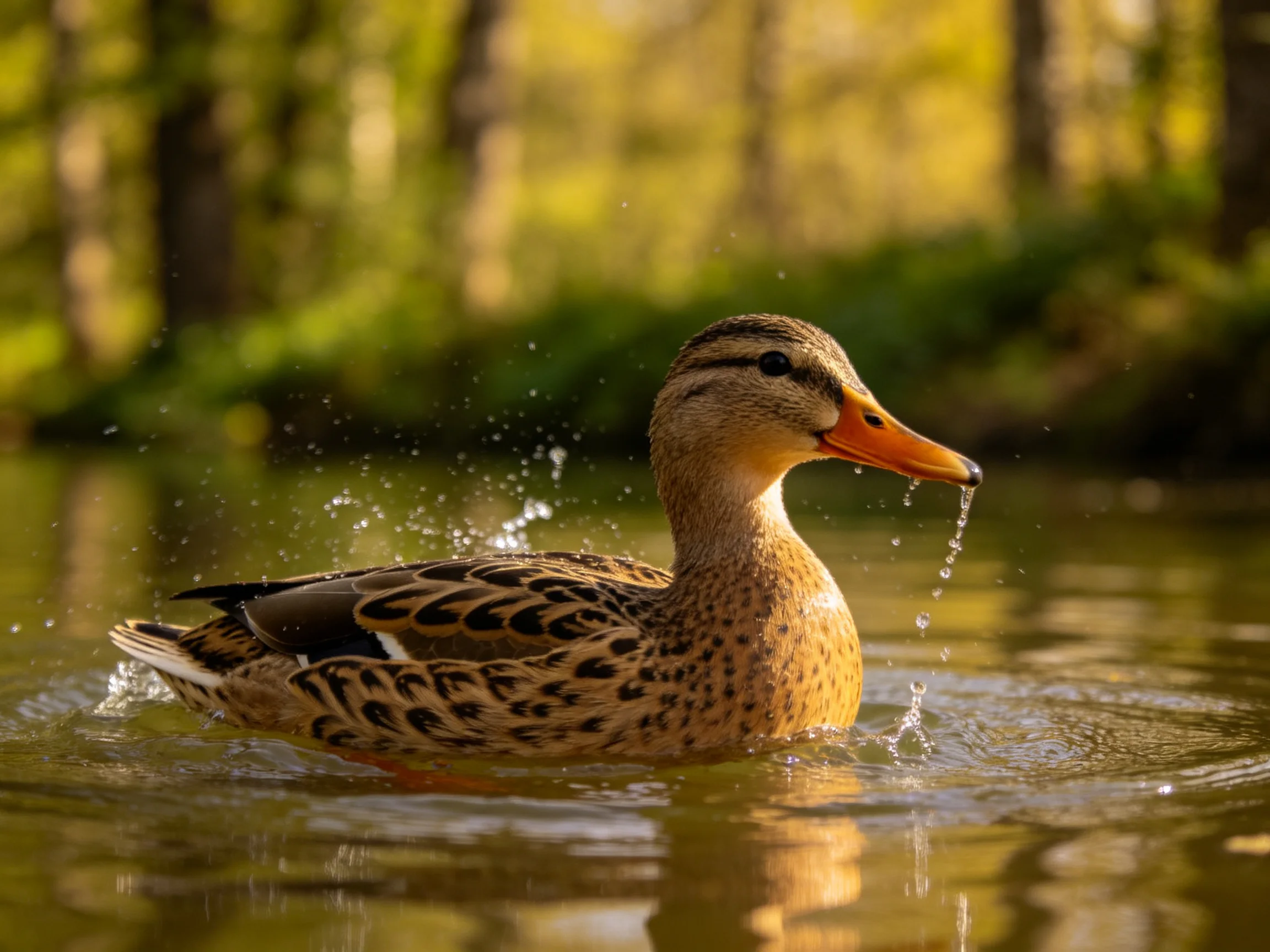 A brown-spotted duck swims in golden water near greenery