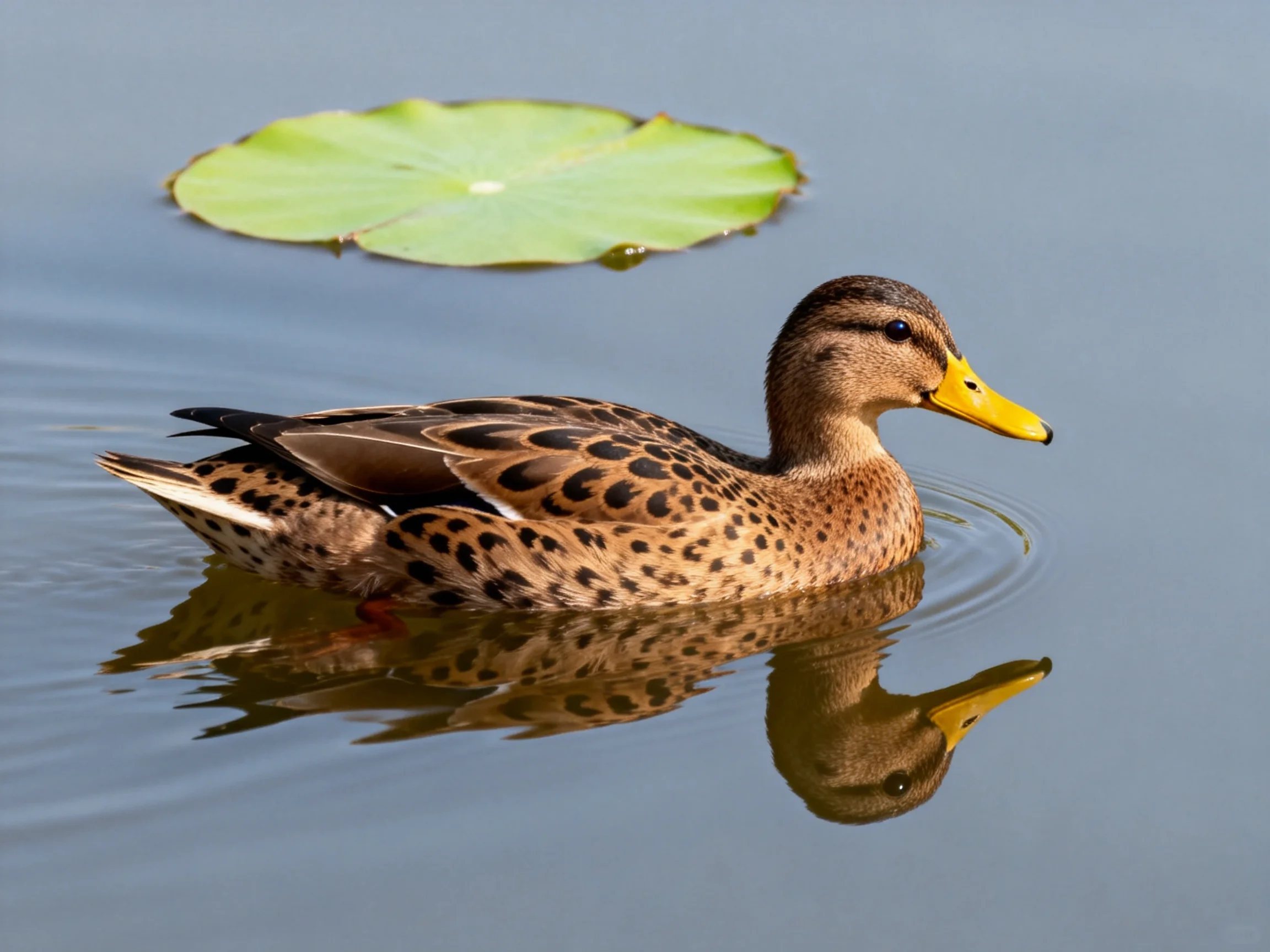 A brown-spotted duck swims near a green lily pad in calm water