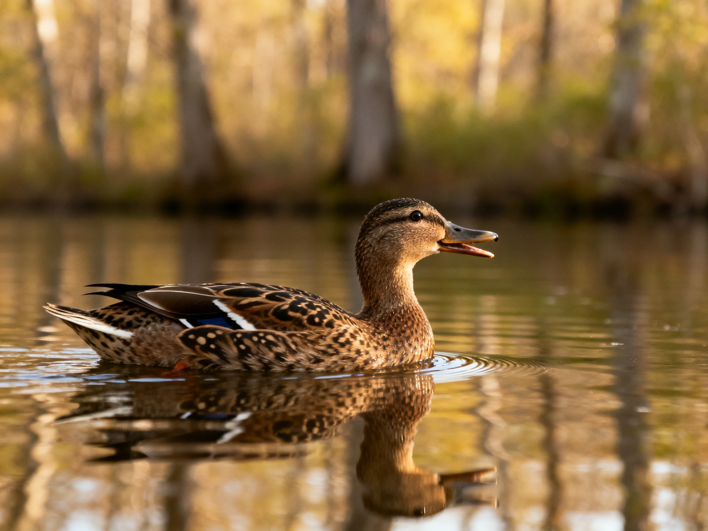 A brown-spotted duck swims on calm water near forested trees