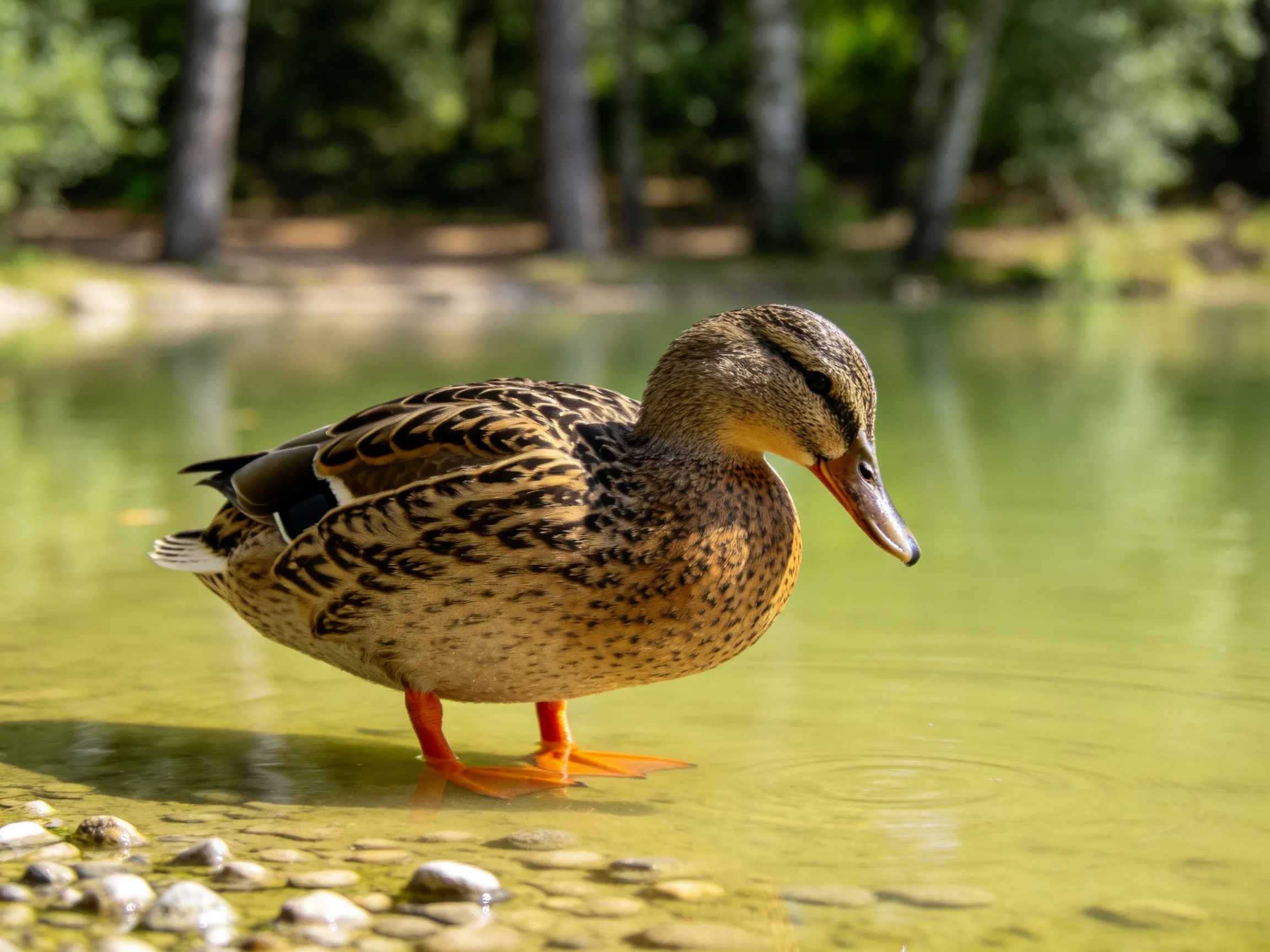 A brown-spotted duck wades in shallow green water