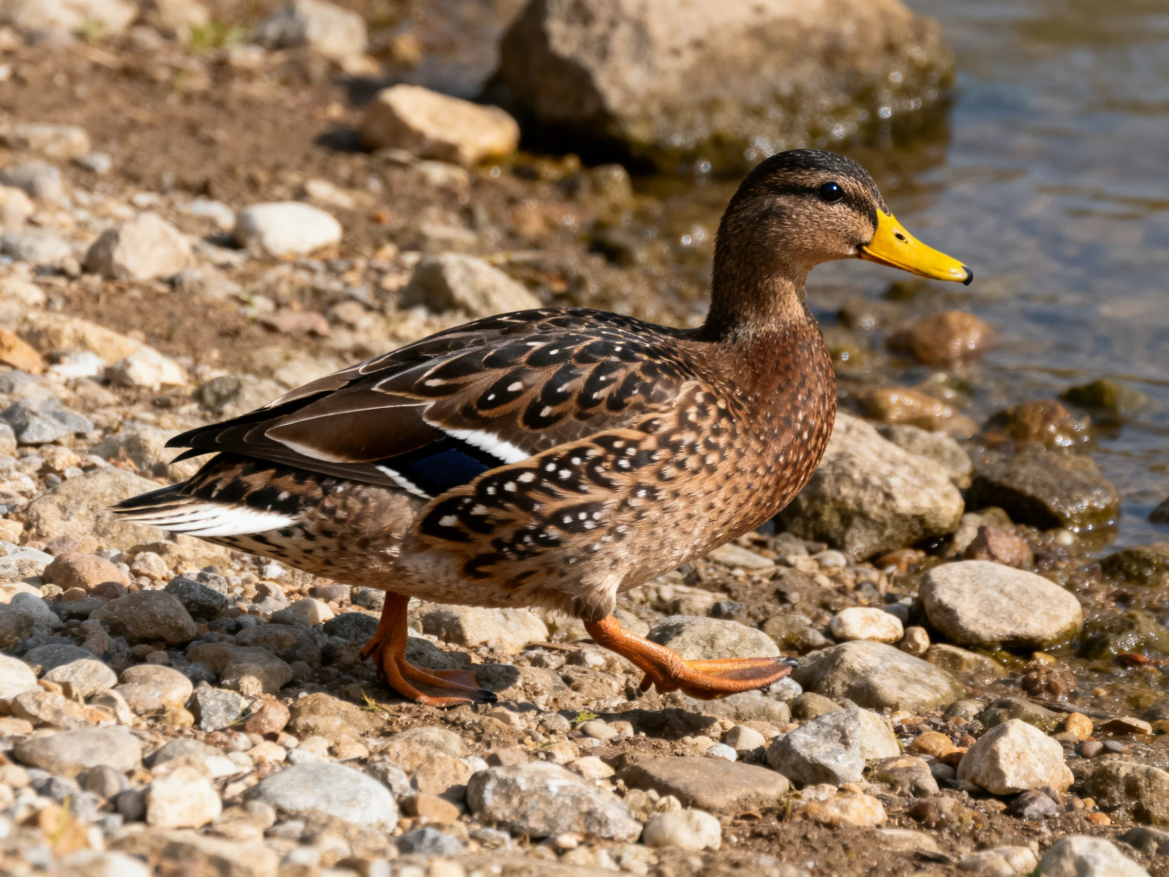 A brown-spotted duck walks along a pebbly shoreline by calm water