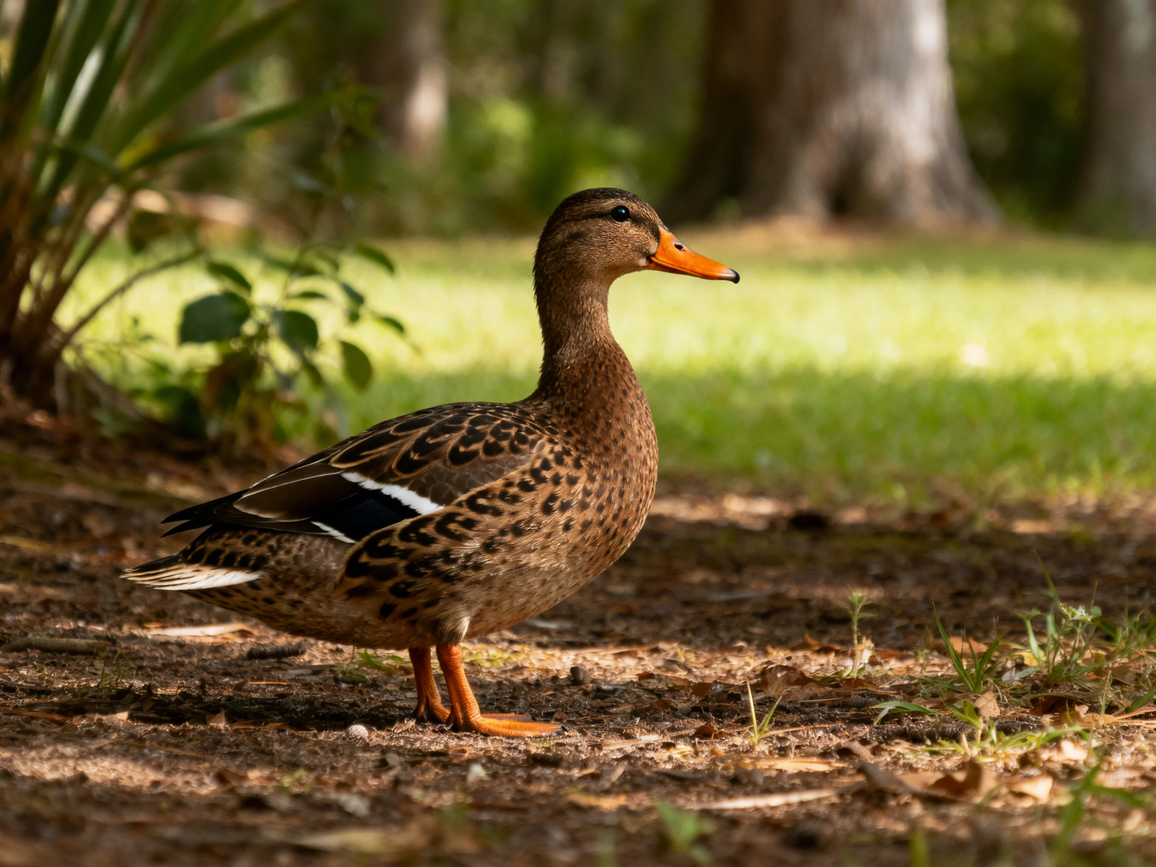 A brown-spotted duck with an orange beak stands in a sunlit natural environment.