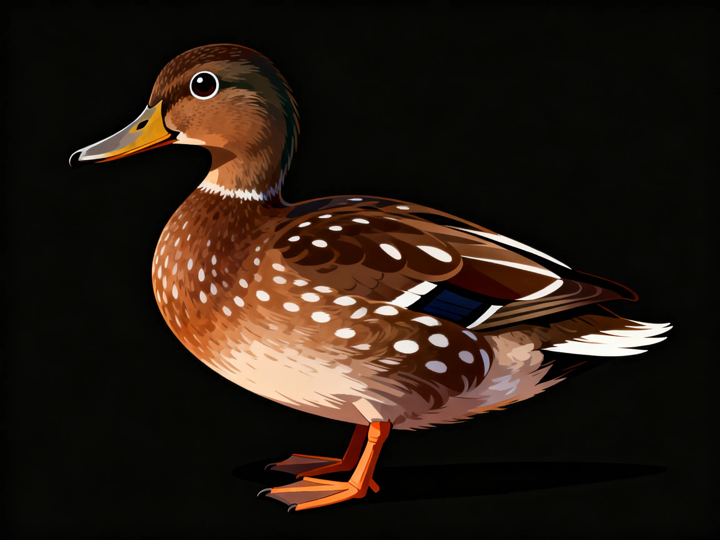 A brown-spotted duck with orange beak and feet on black background