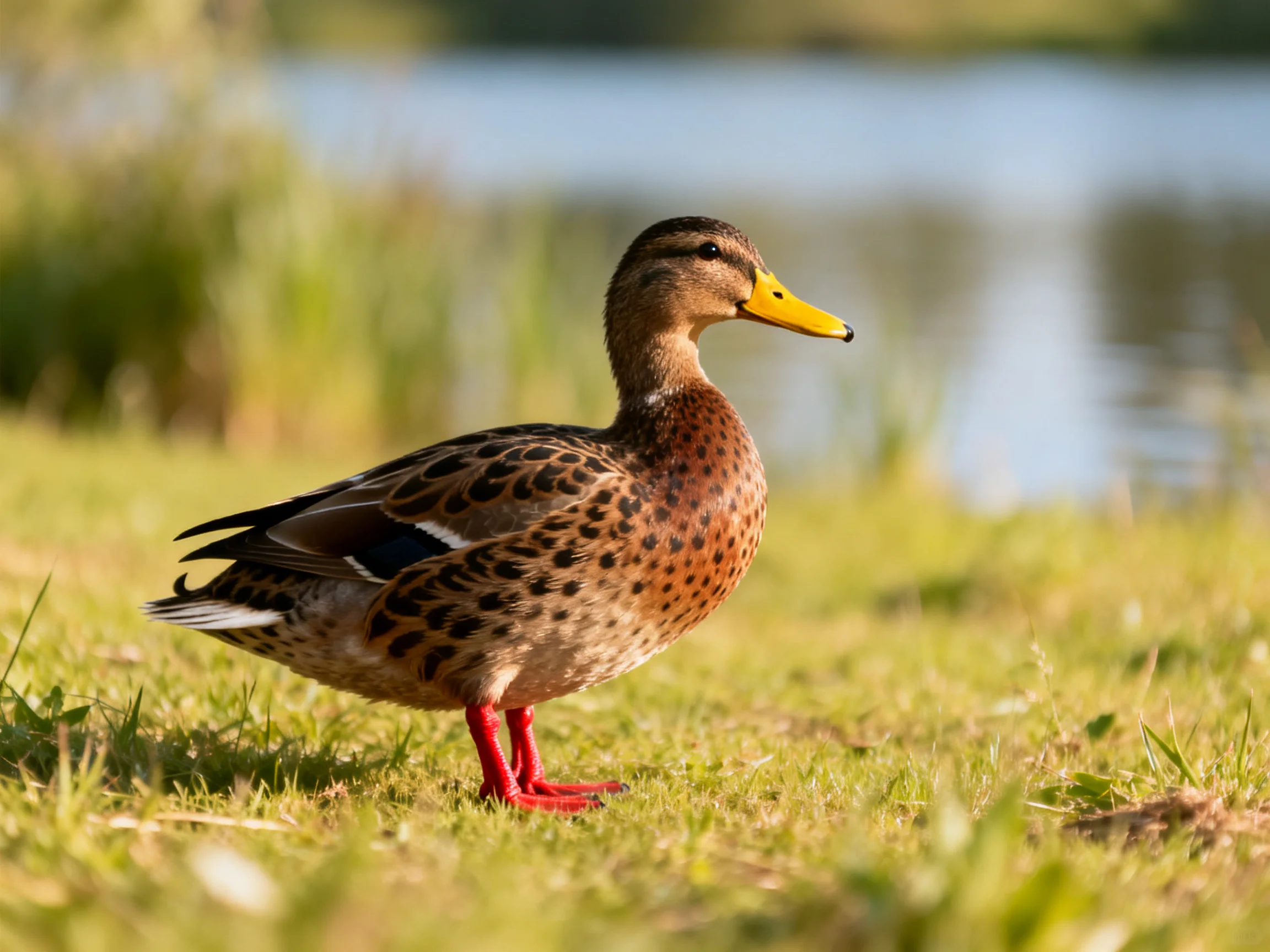 A brown-spotted duck with red legs and yellow beak stands on grass near a body of water.