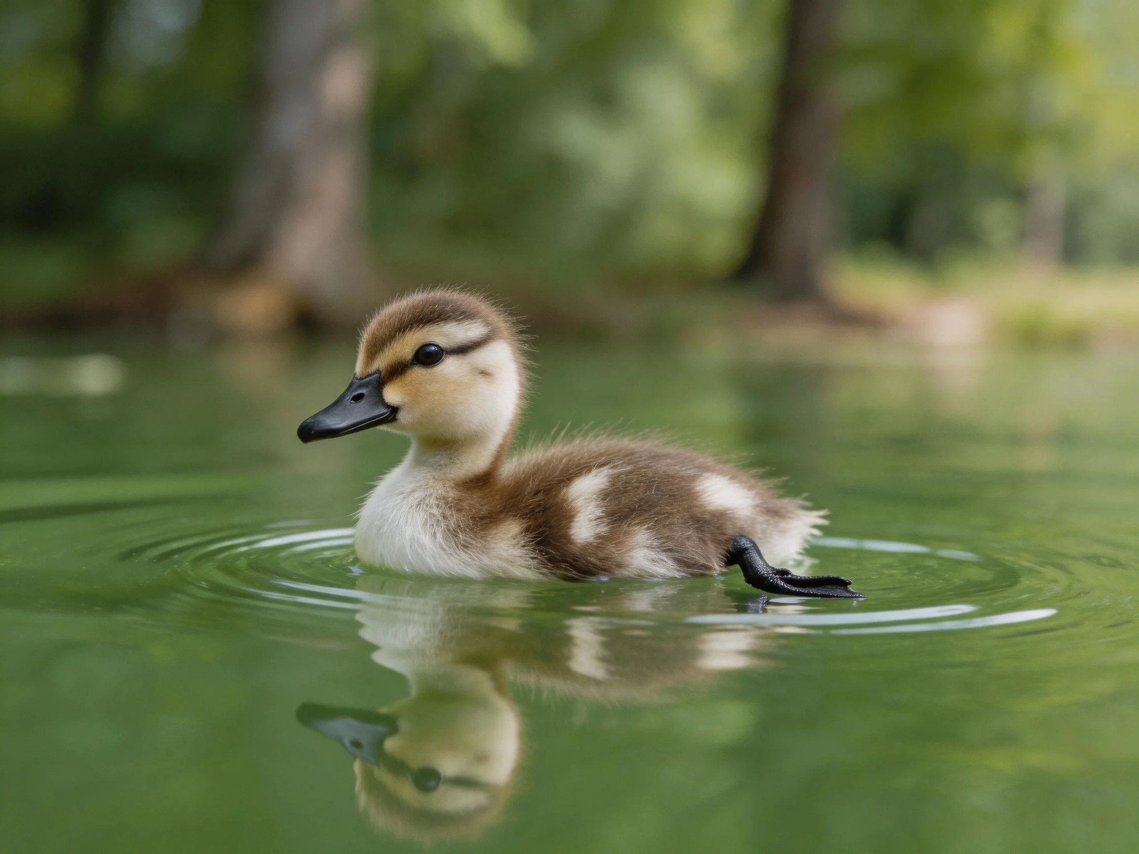A brown-spotted duckling swims in calm green water