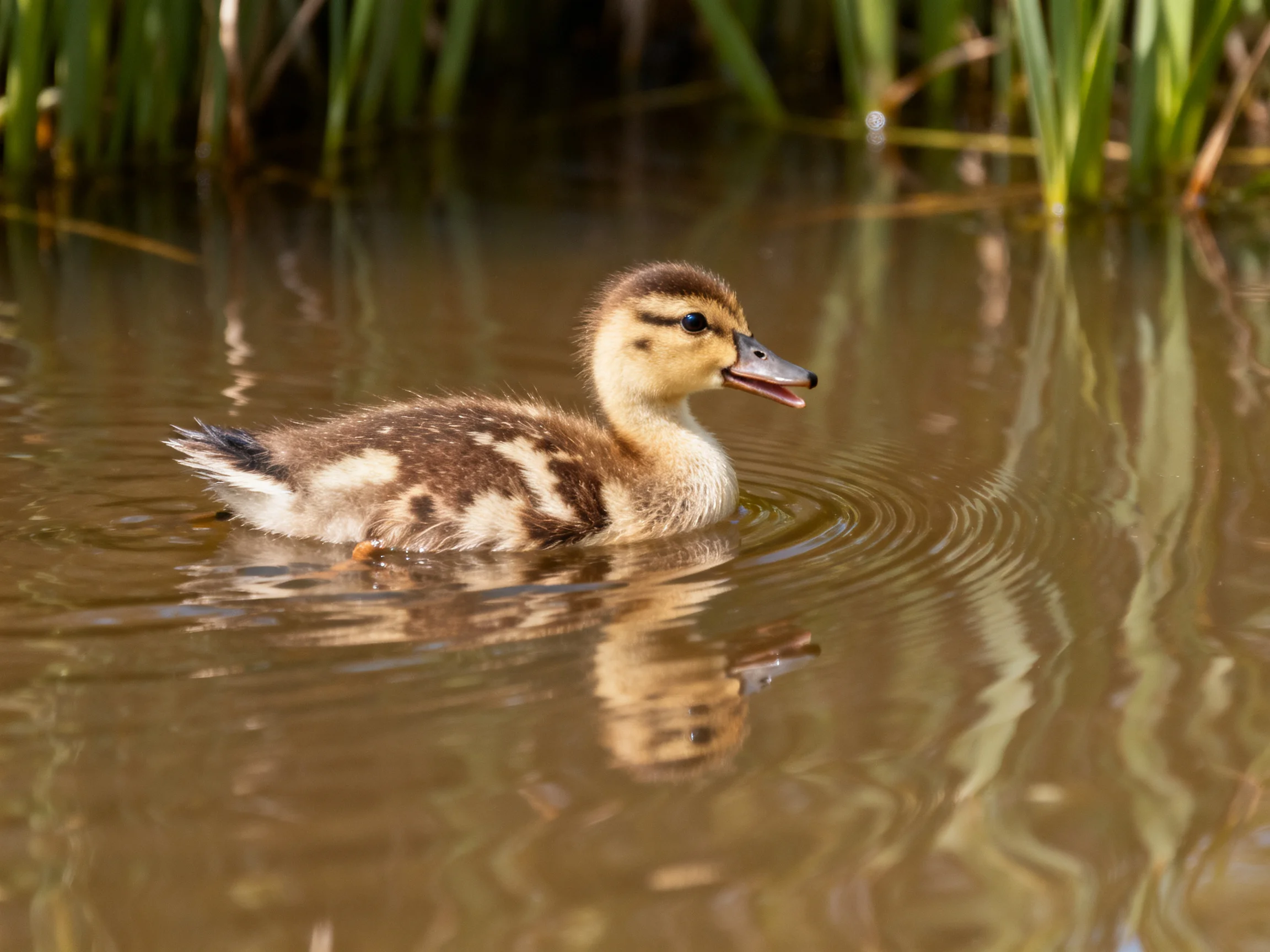 A brown-spotted duckling swims in calm water near tall green reeds