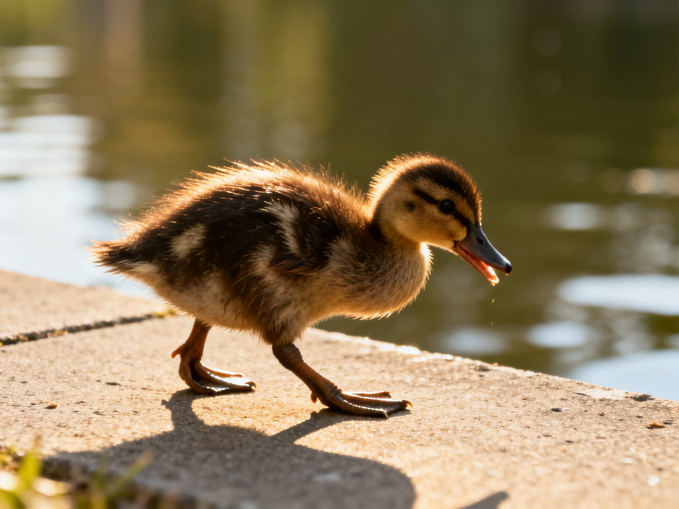A brown-spotted duckling walks near calm water