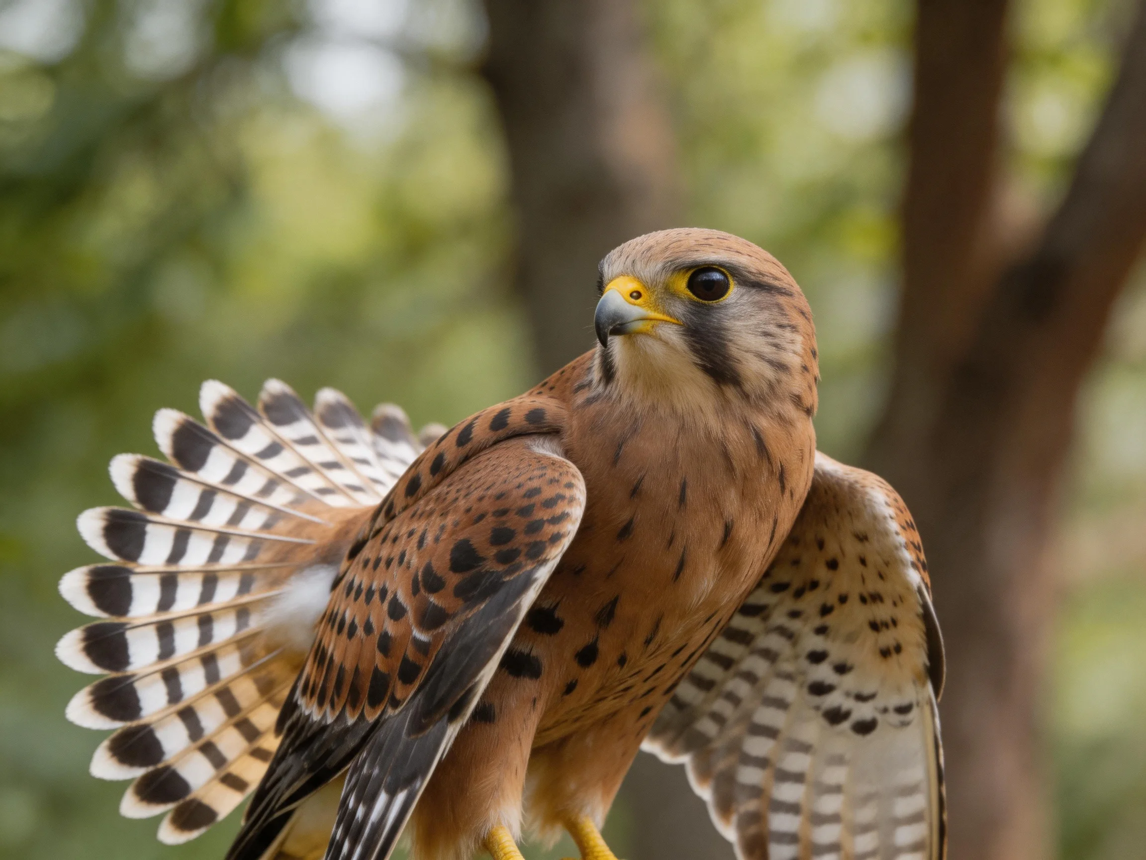 A brown-spotted falcon displays fanned tail and outstretched wings