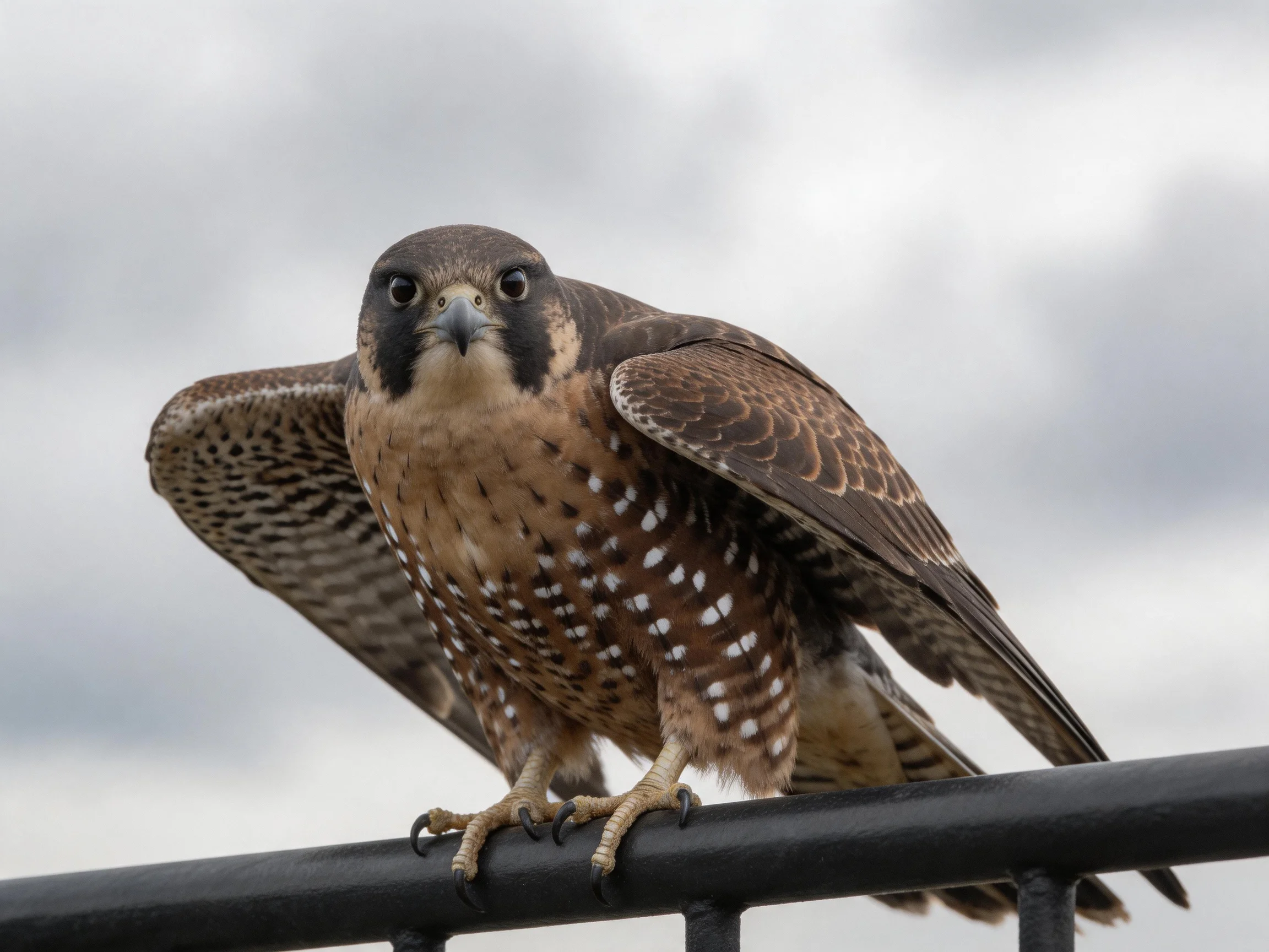 A brown-spotted falcon perches on a dark metal fence against an overcast sky