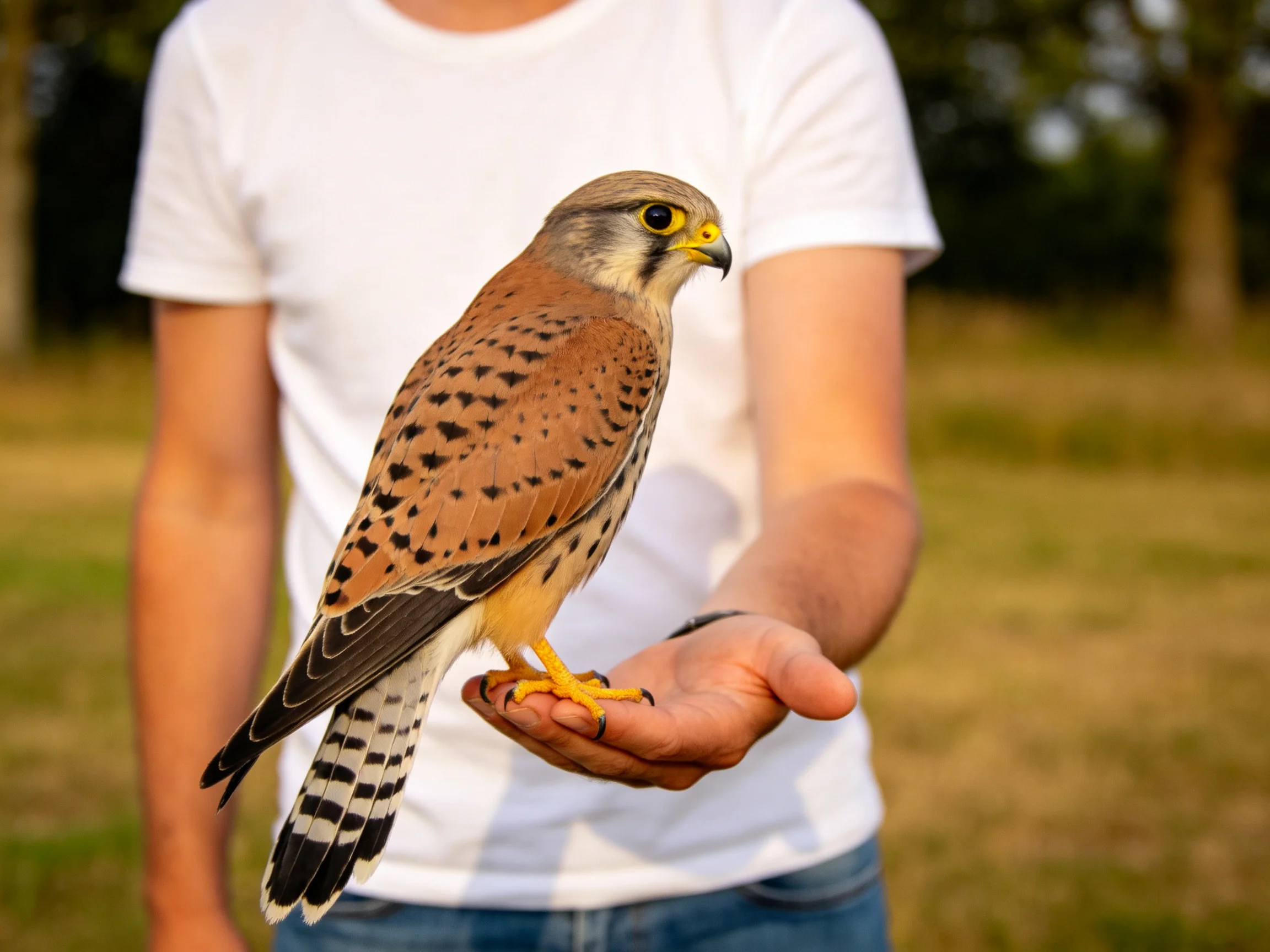 A brown-spotted falcon perches on a person’s outstretched hand