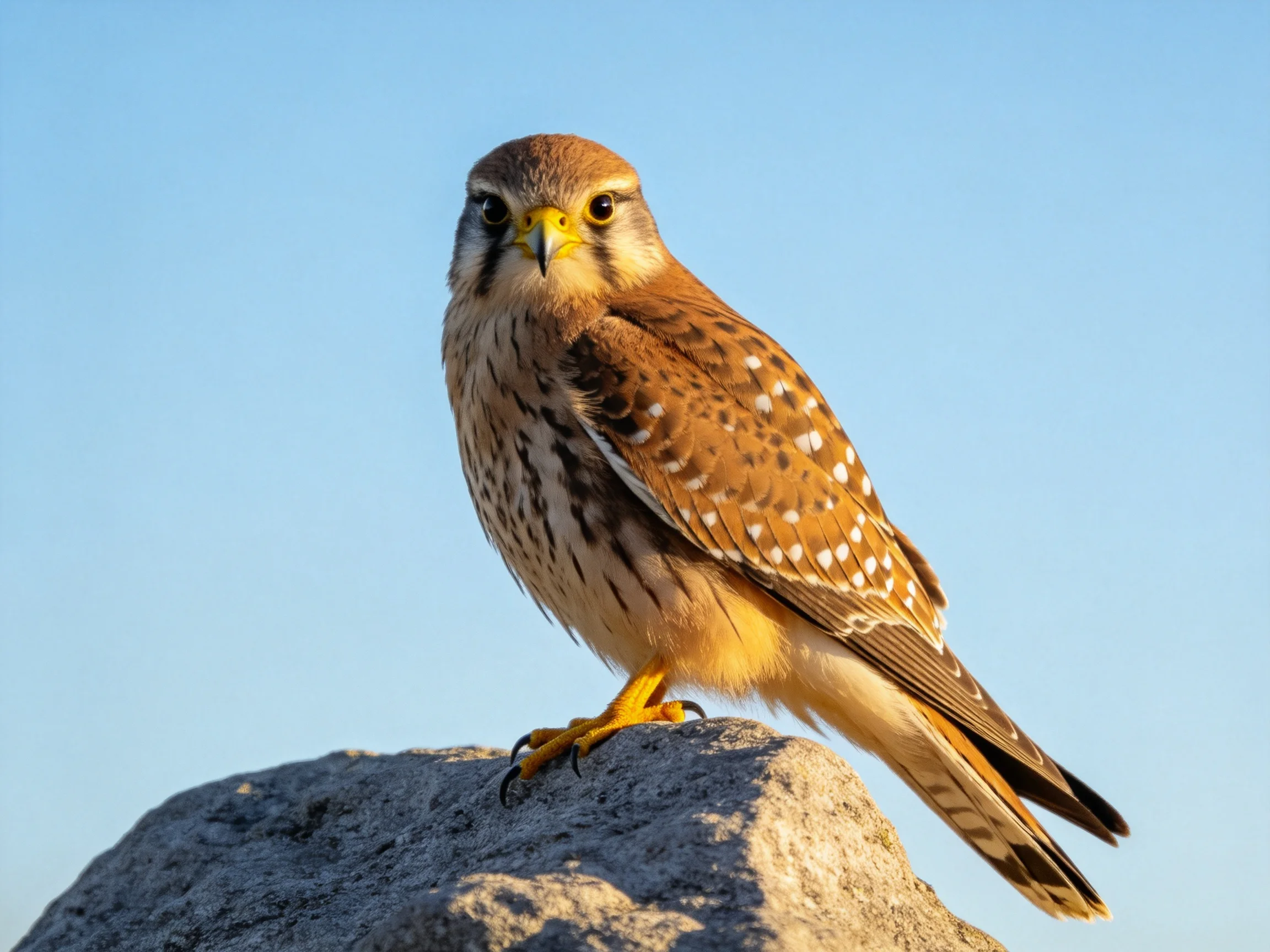 A brown-spotted falcon perches on a rough gray rock beneath a clear blue sky