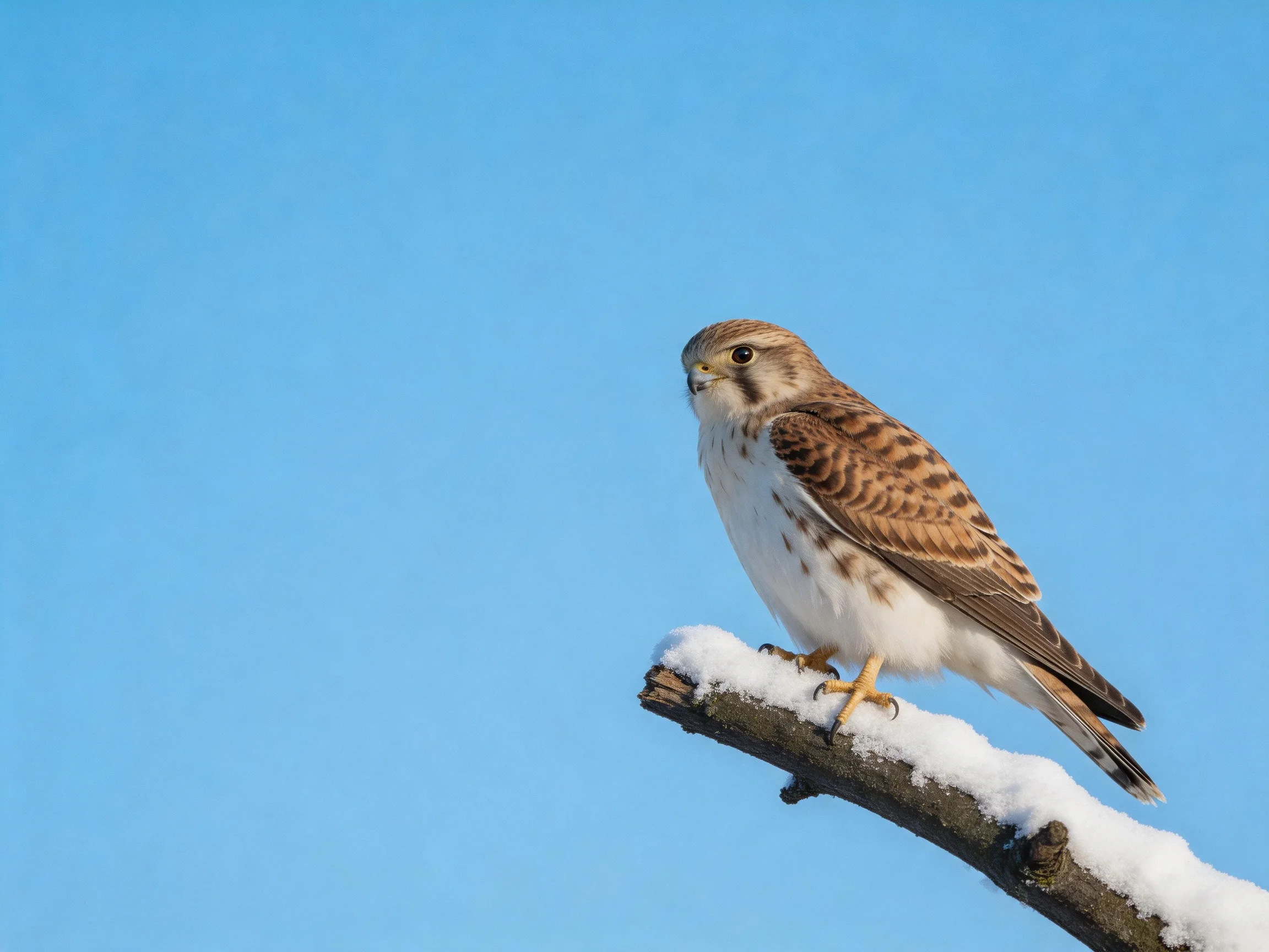 A brown-spotted falcon perches on a snow-covered branch under a clear blue sky