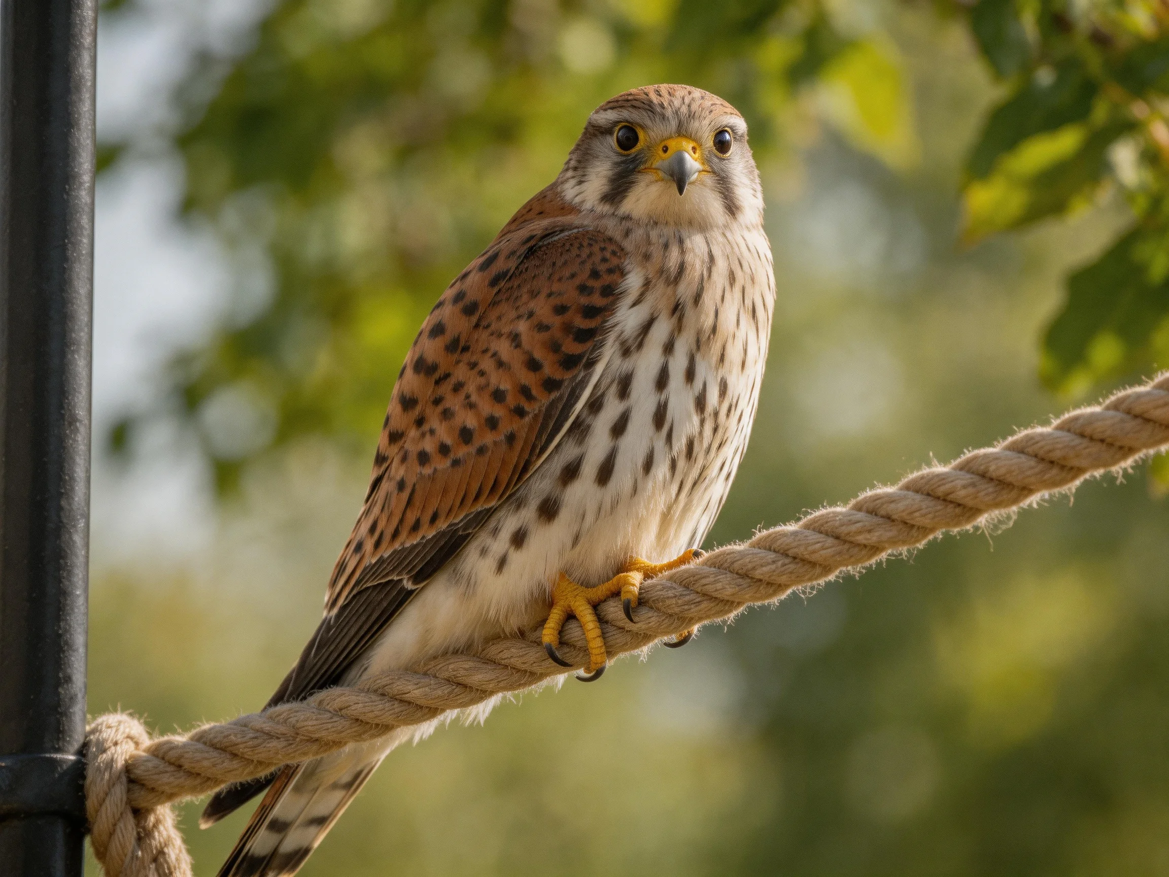 A brown-spotted falcon perches on a thick rope near green foliage