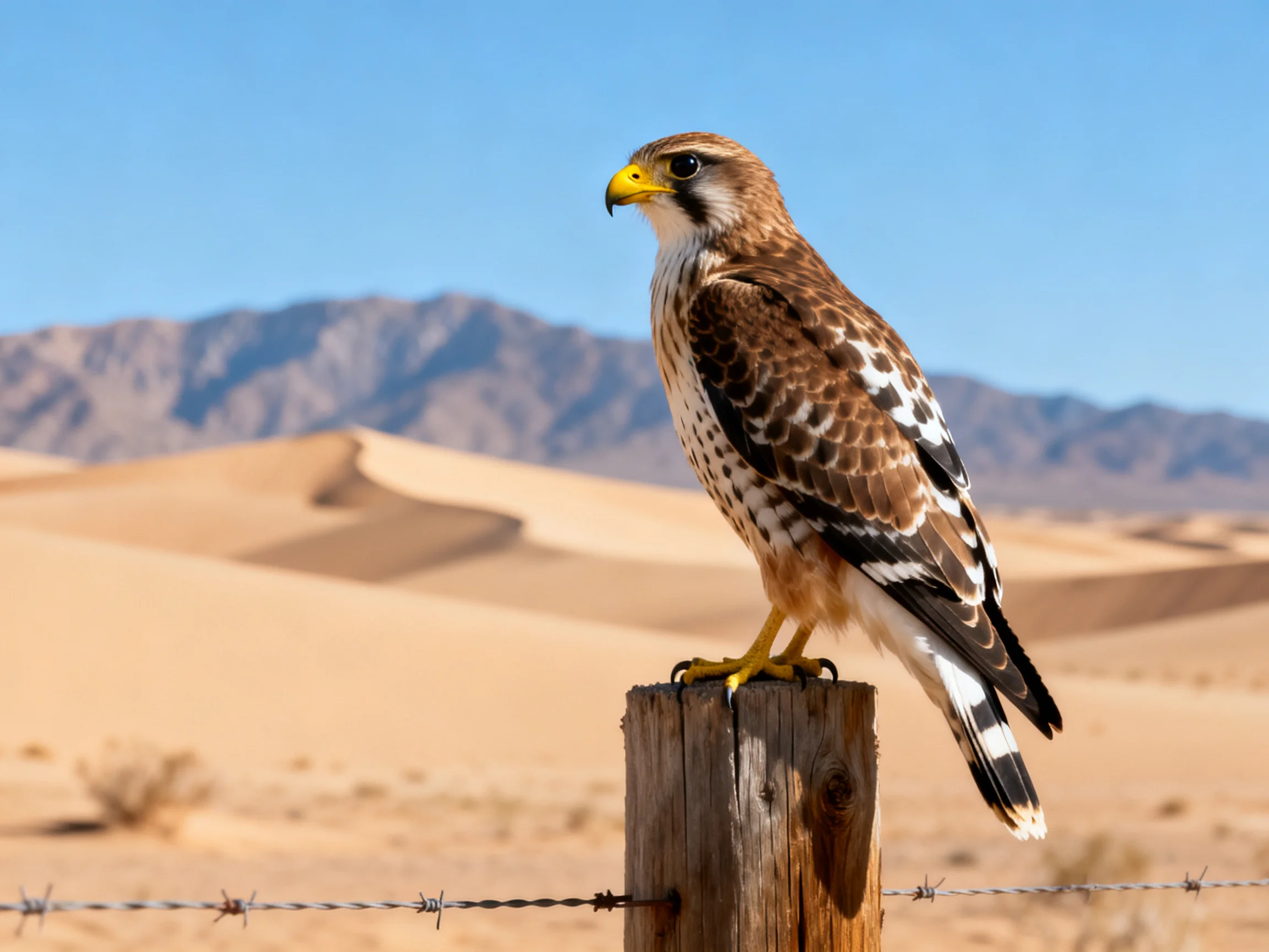A brown-spotted falcon perches on a weathered wooden post in a desert landscape