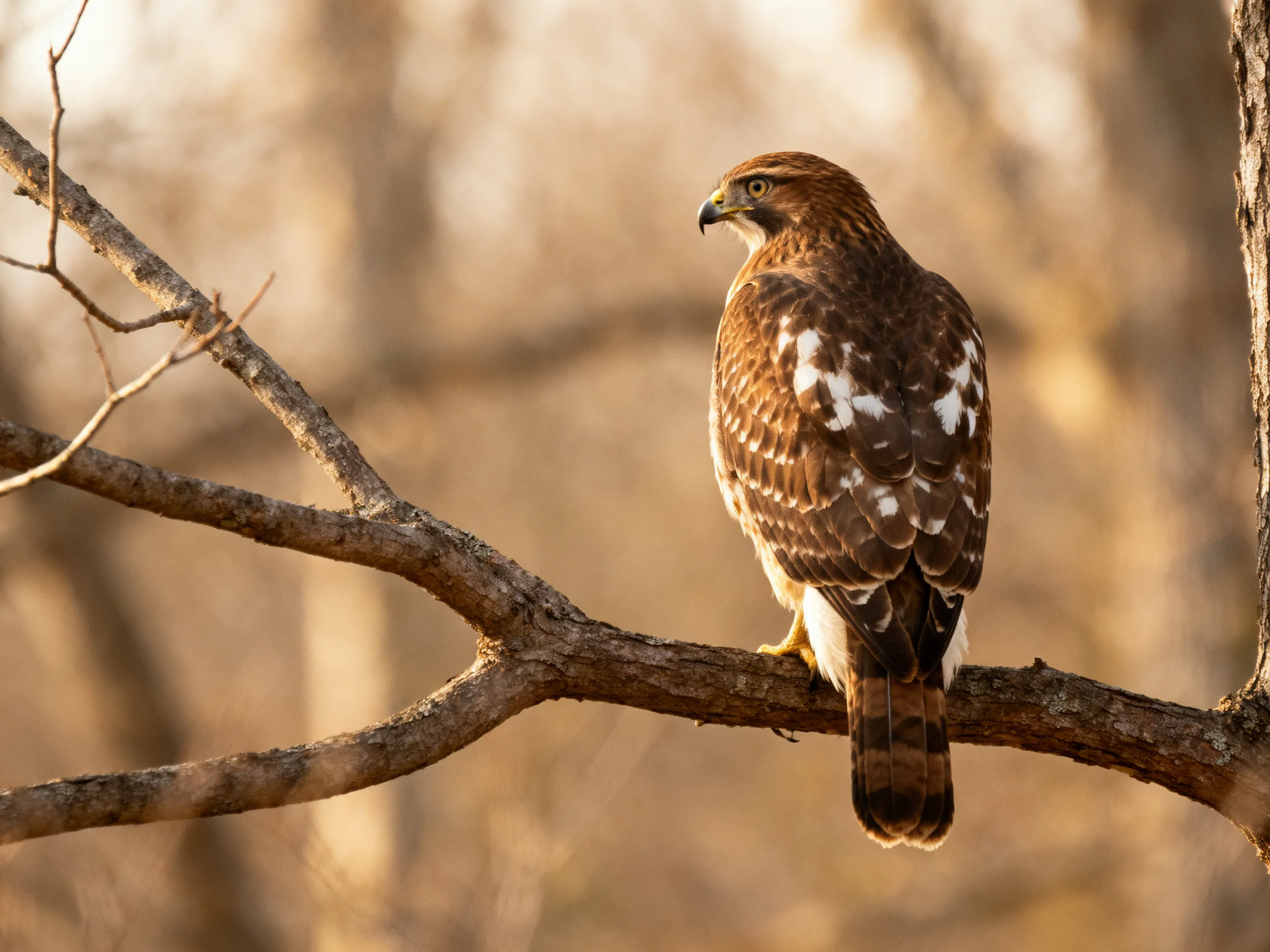 A brown-spotted hawk perches on a gnarled tree branch