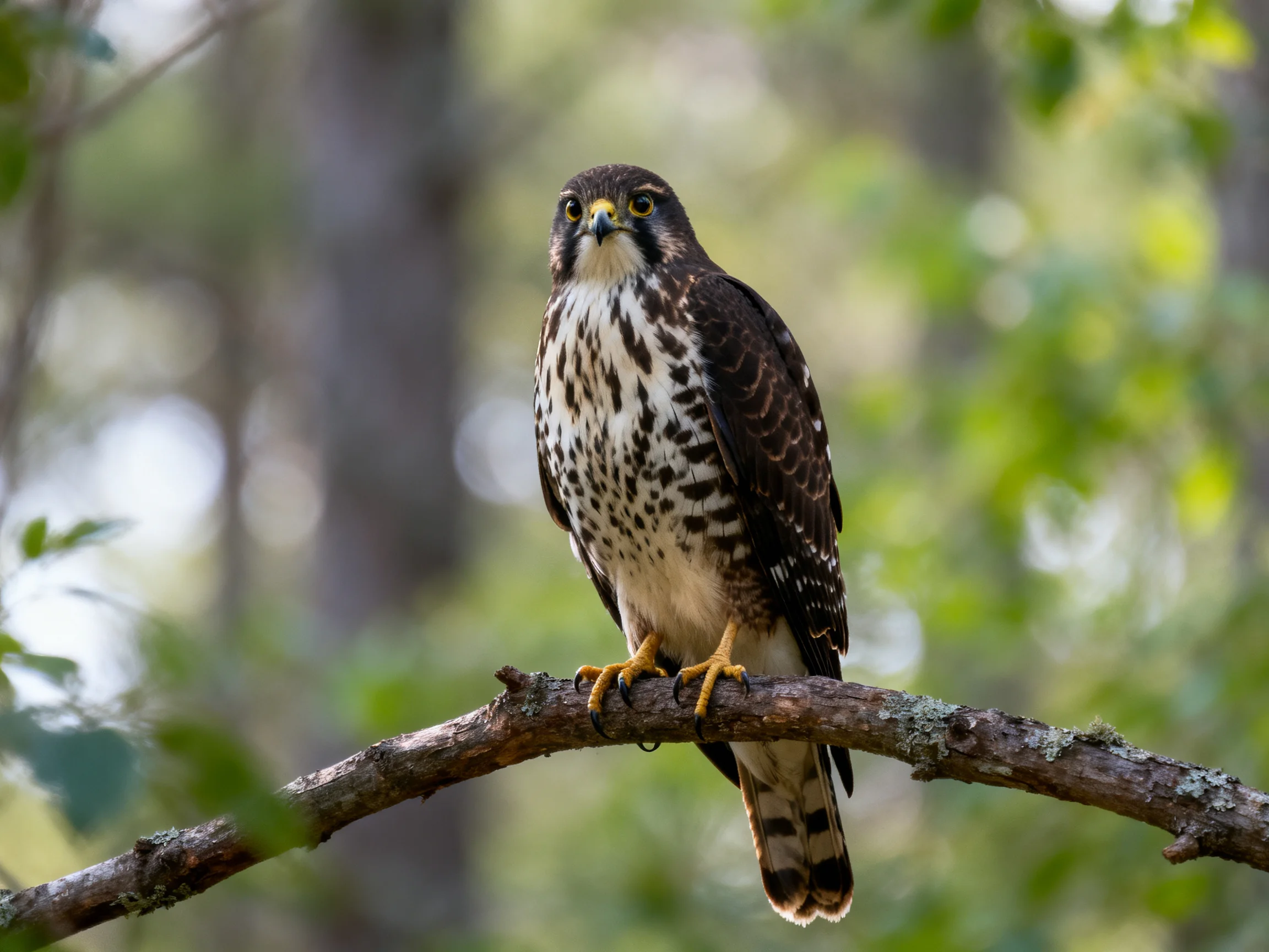 A brown-spotted hawk perches on a mossy tree branch