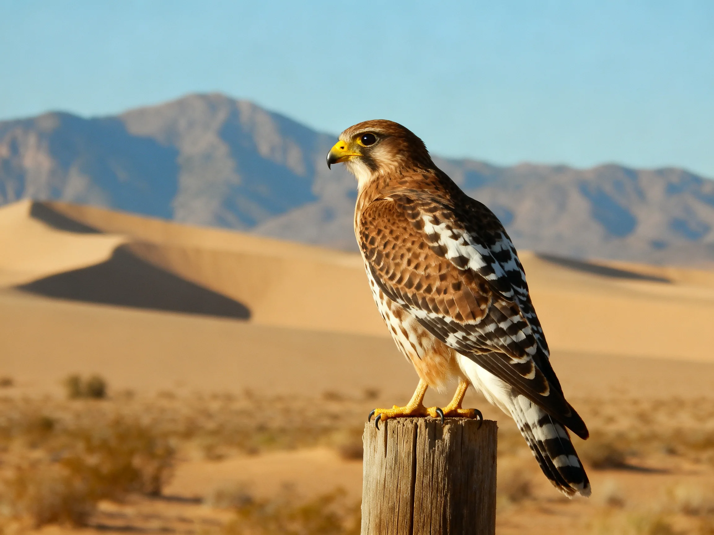 A brown-spotted hawk perches on a wooden post near sandy dunes