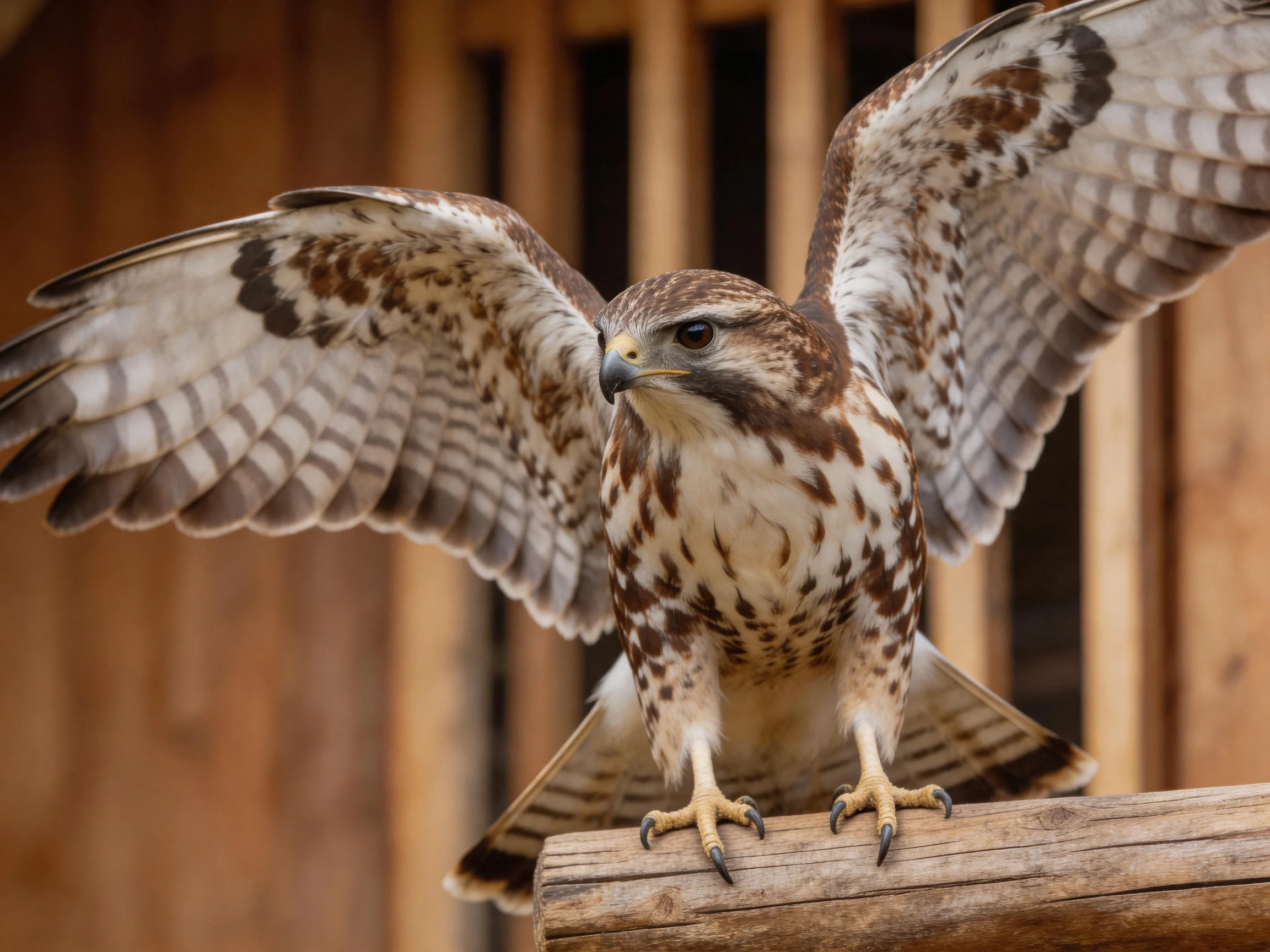 A brown-spotted hawk spreads wings on a wooden perch